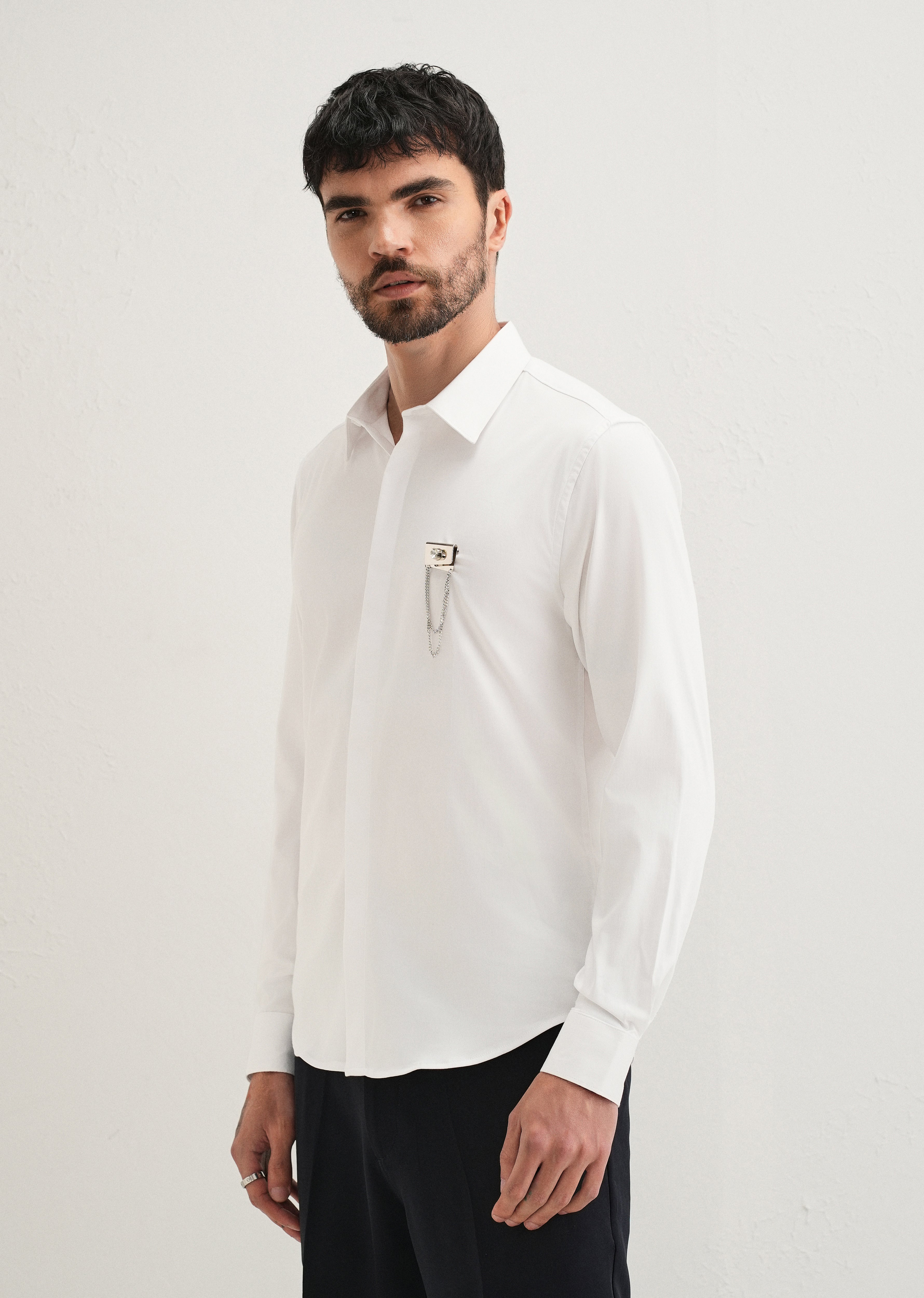 Metallic Chain Brooch White Designer Shirt