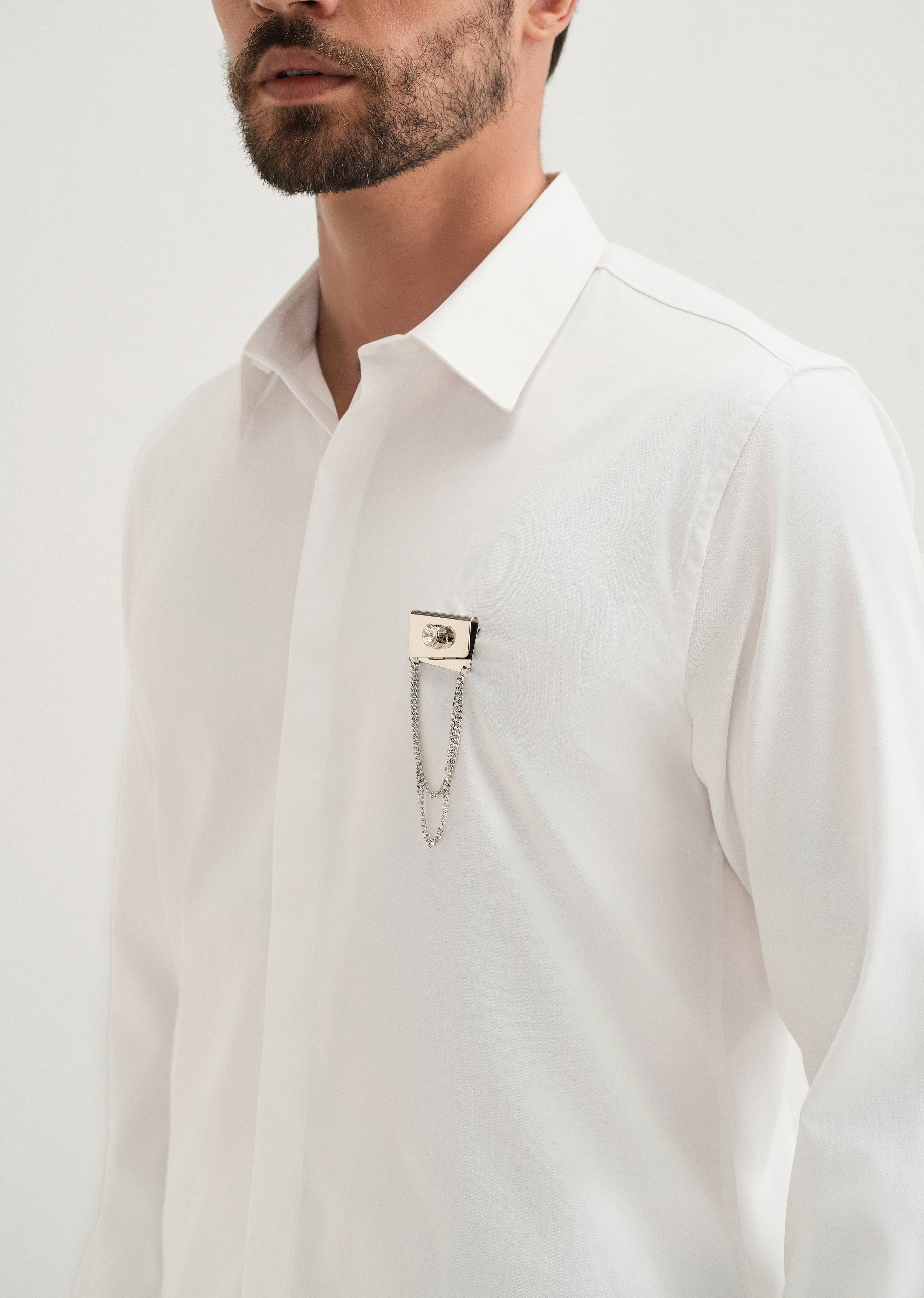 Metallic Chain Brooch White Designer Shirt