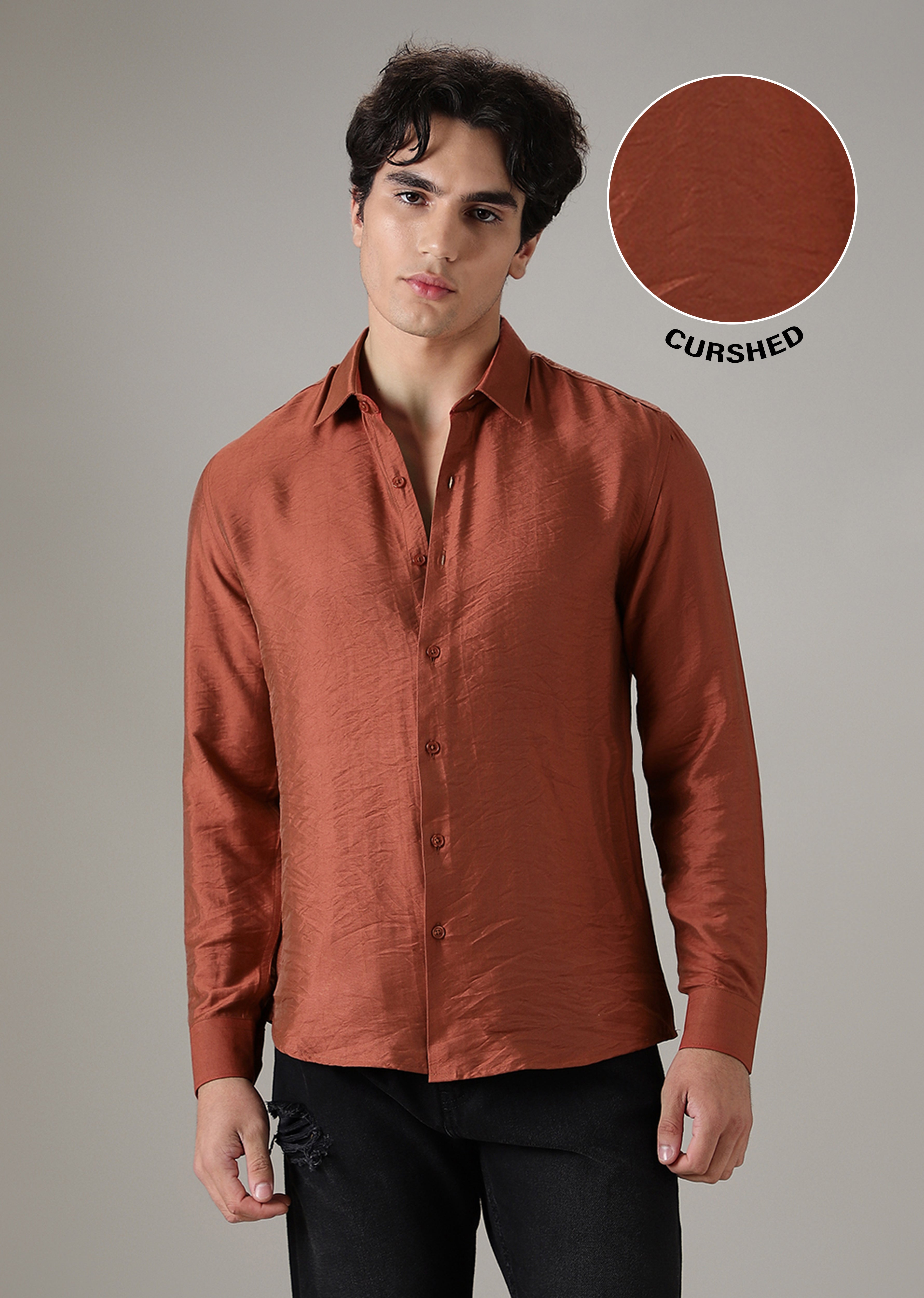 Metallic Orange Plain Crushed Satin Shirt