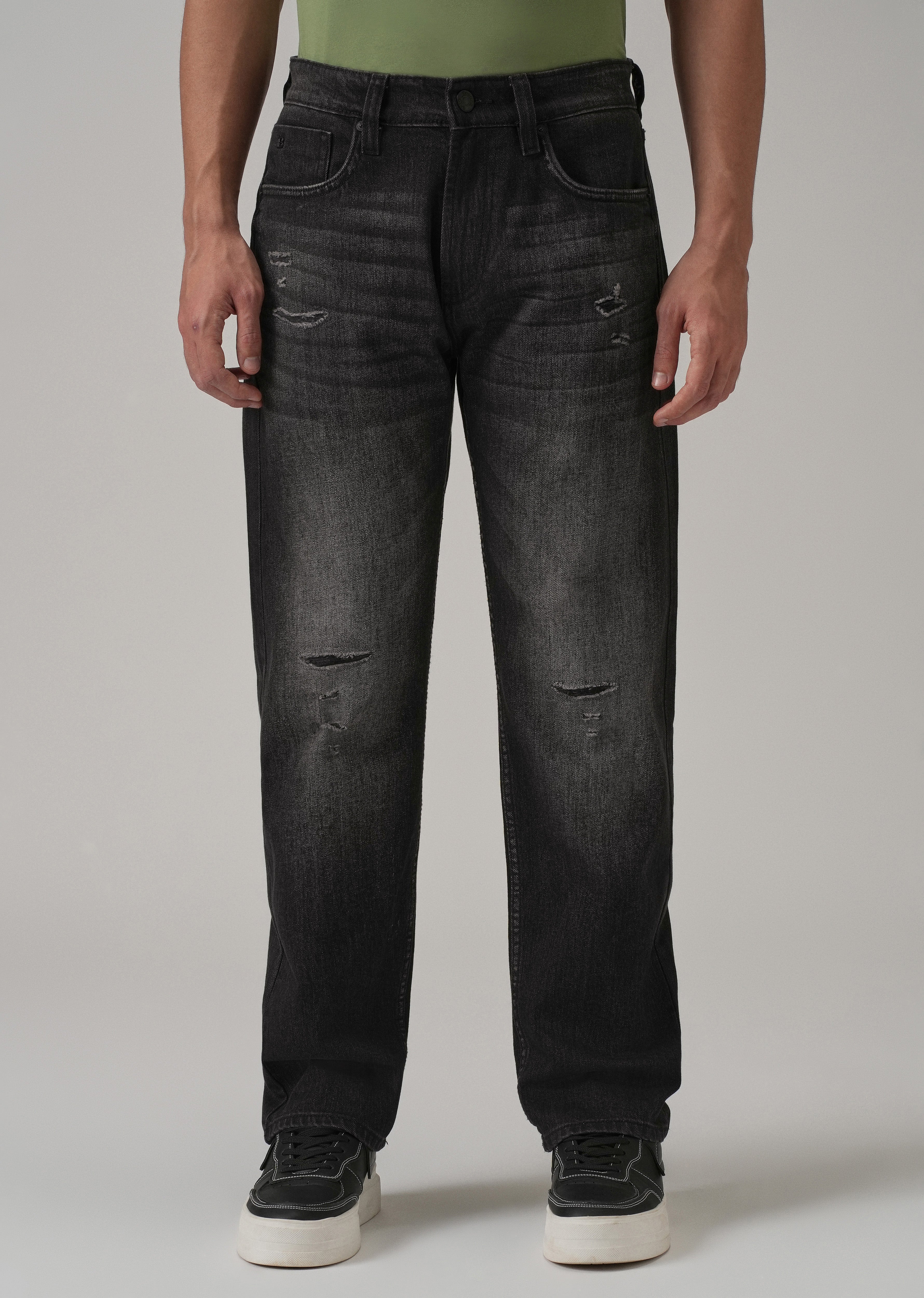 Mid Fade Ripped Black Straight Fit Jeans