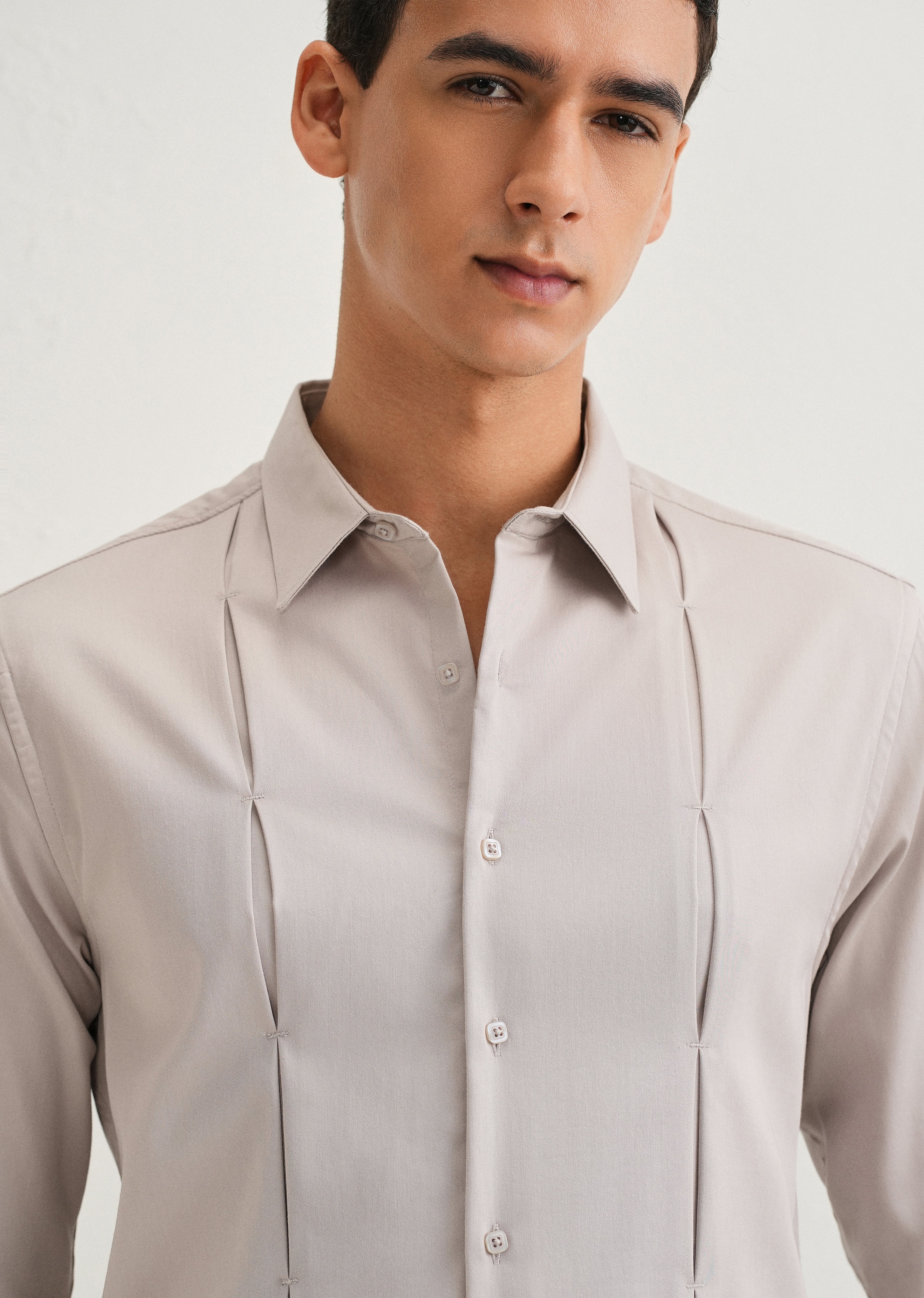 Mink Gray Front Panel Open Pleat Shirt