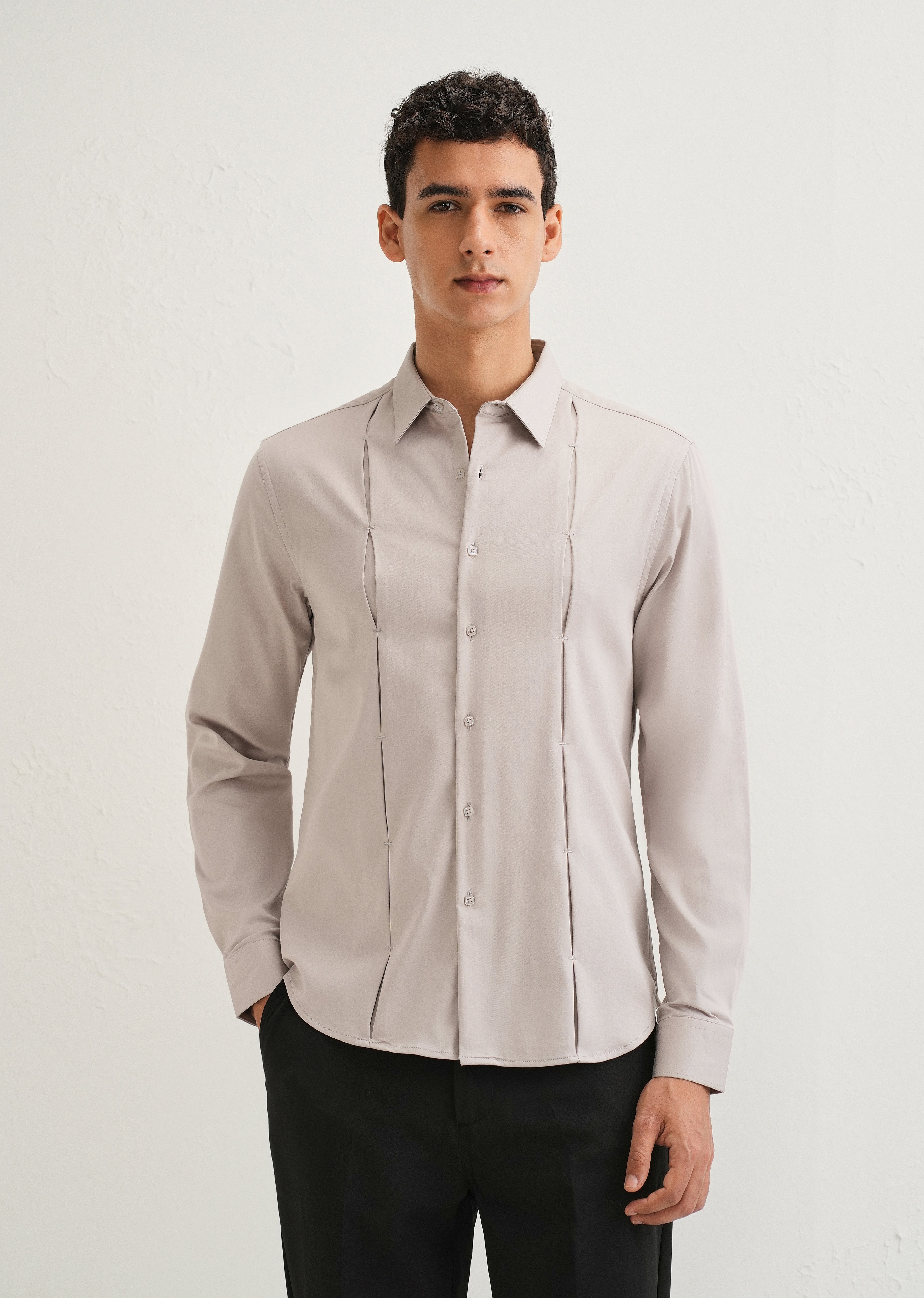Mink Gray Front Panel Open Pleat Shirt