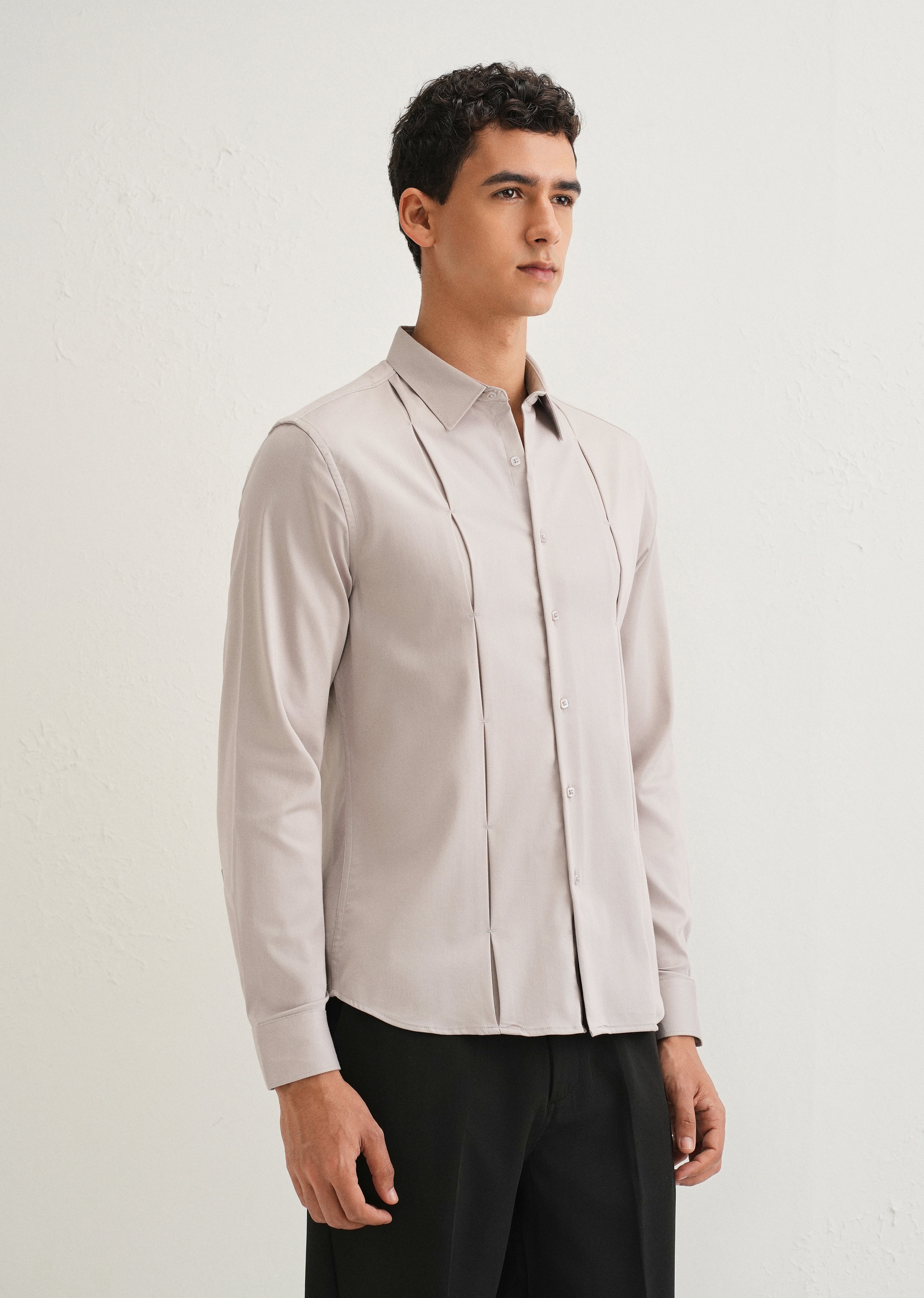 Mink Gray Front Panel Open Pleat Shirt