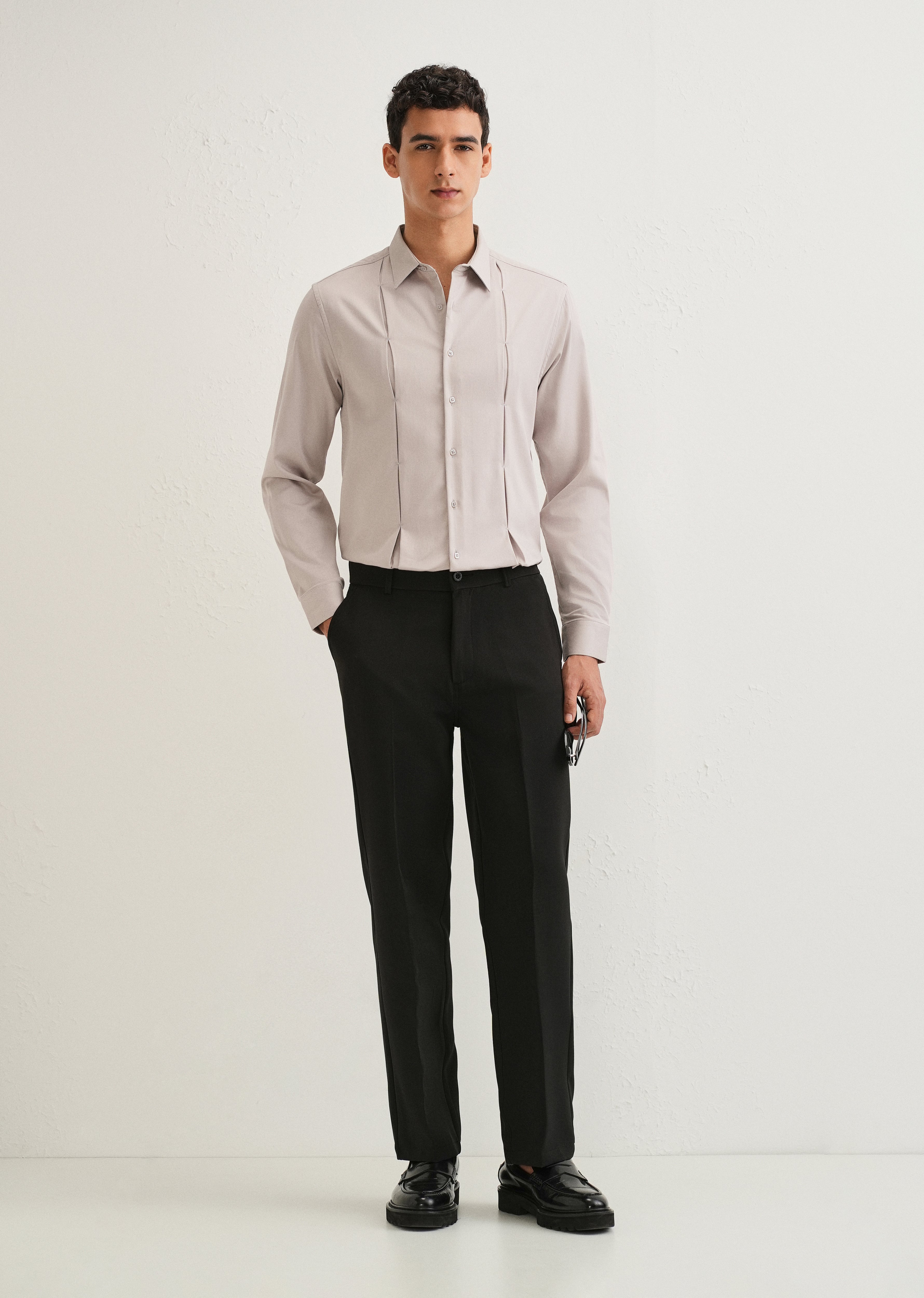 Mink Gray Front Panel Open Pleat Shirt