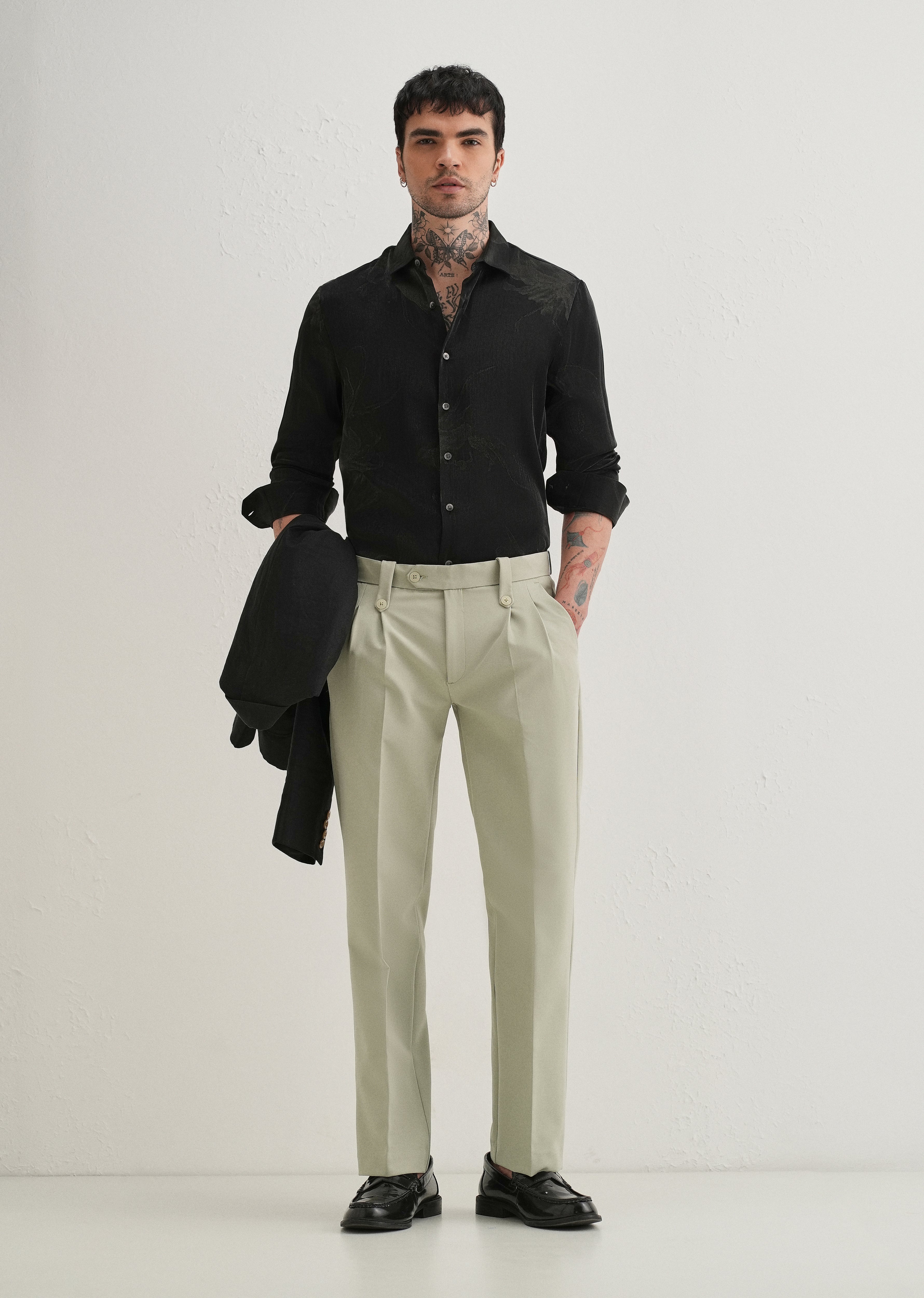 Mint Green Button-Tab Pleat Trouser