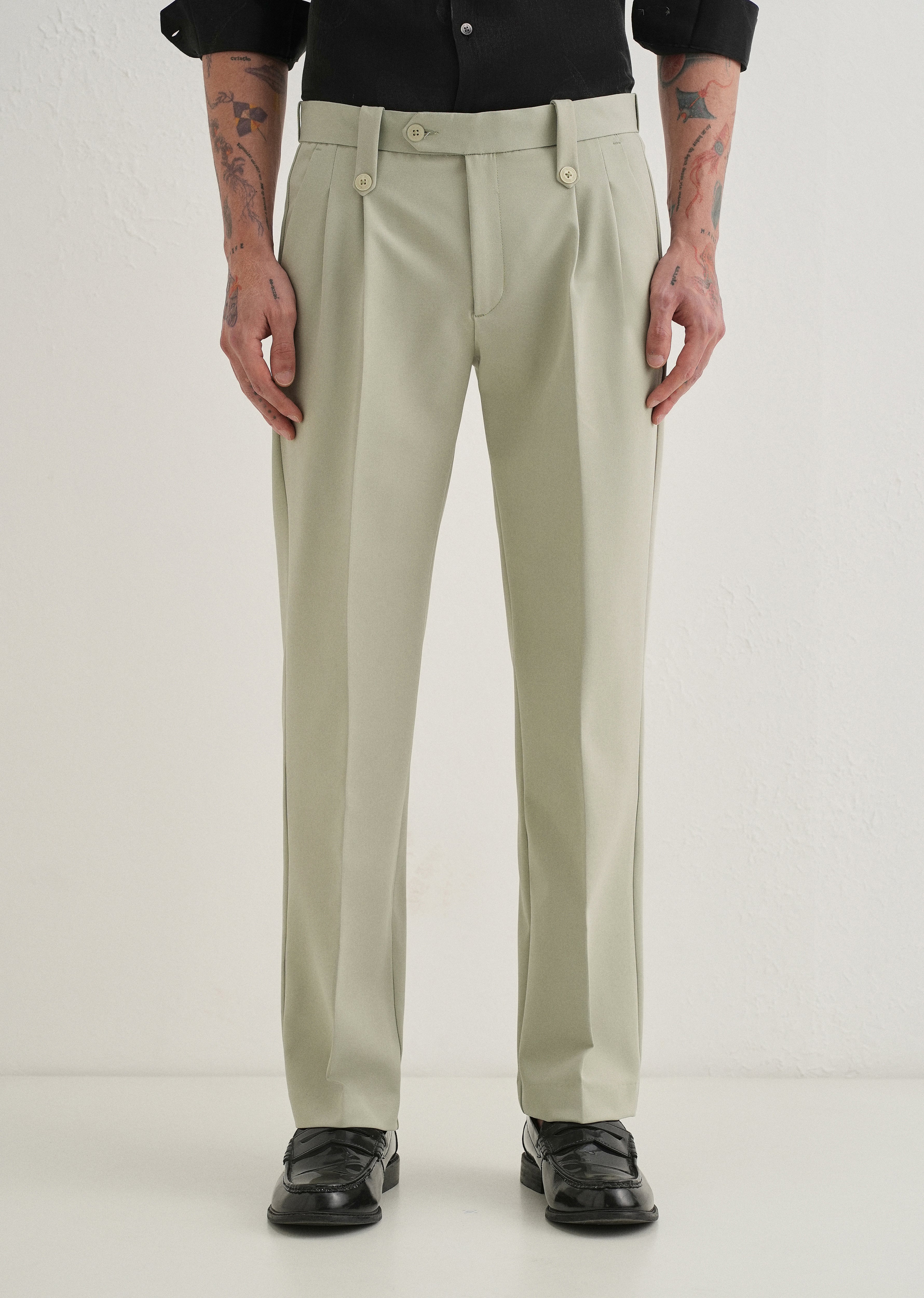Mint Green Button-Tab Pleat Trouser