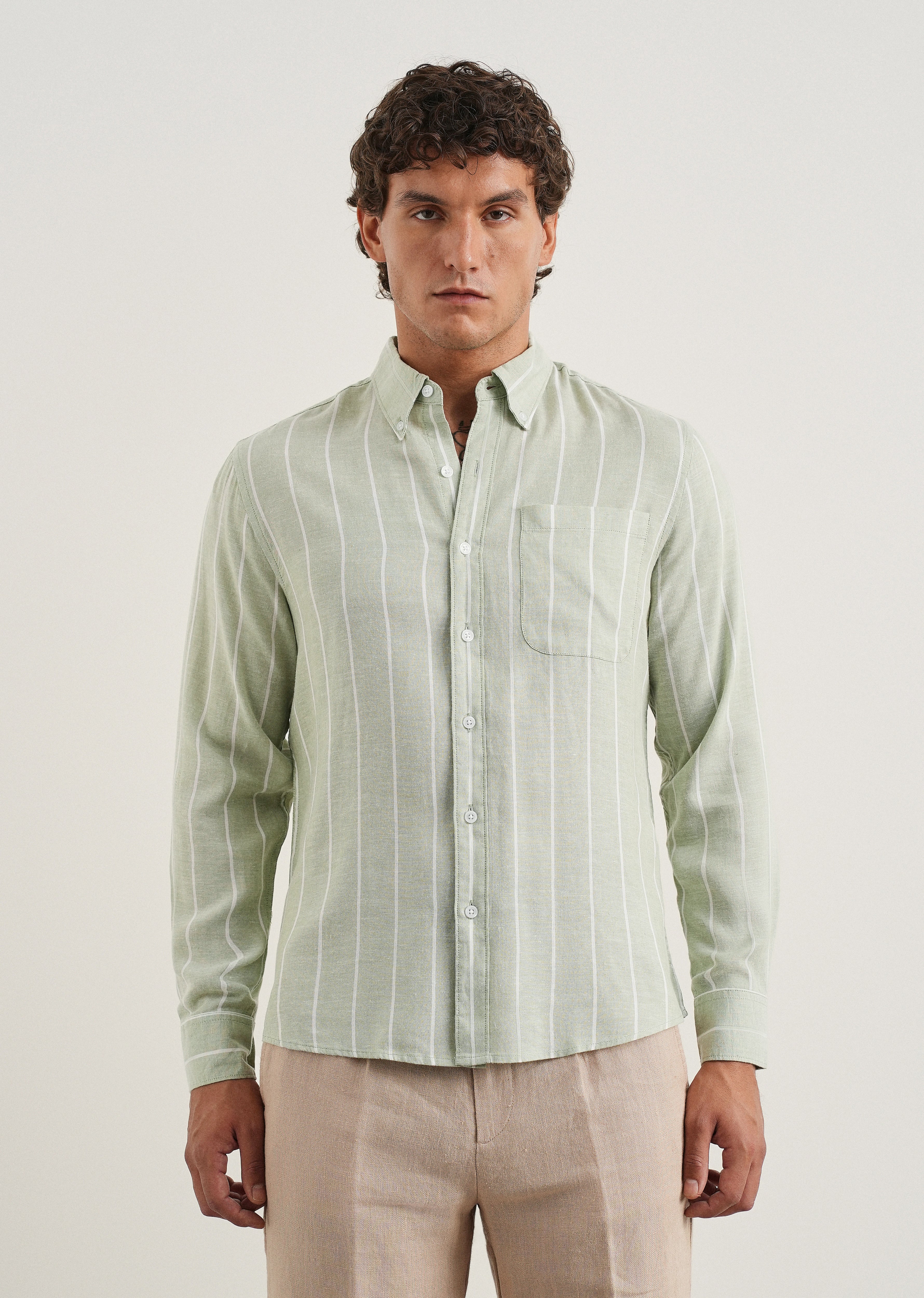 Mint Green Lyocell Linen Stripe Shirt