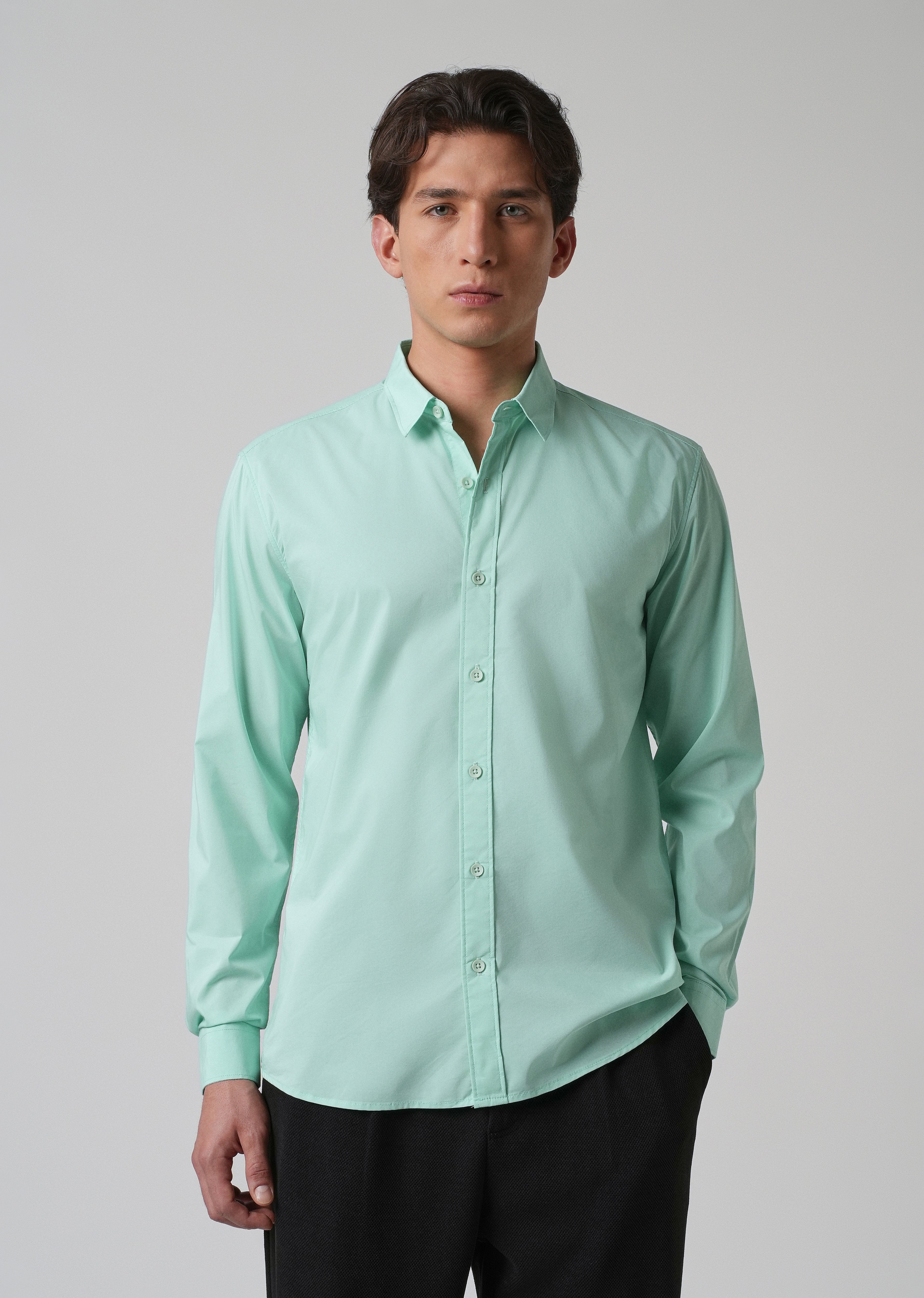 Mint Green Plain Blended Cotton Shirt