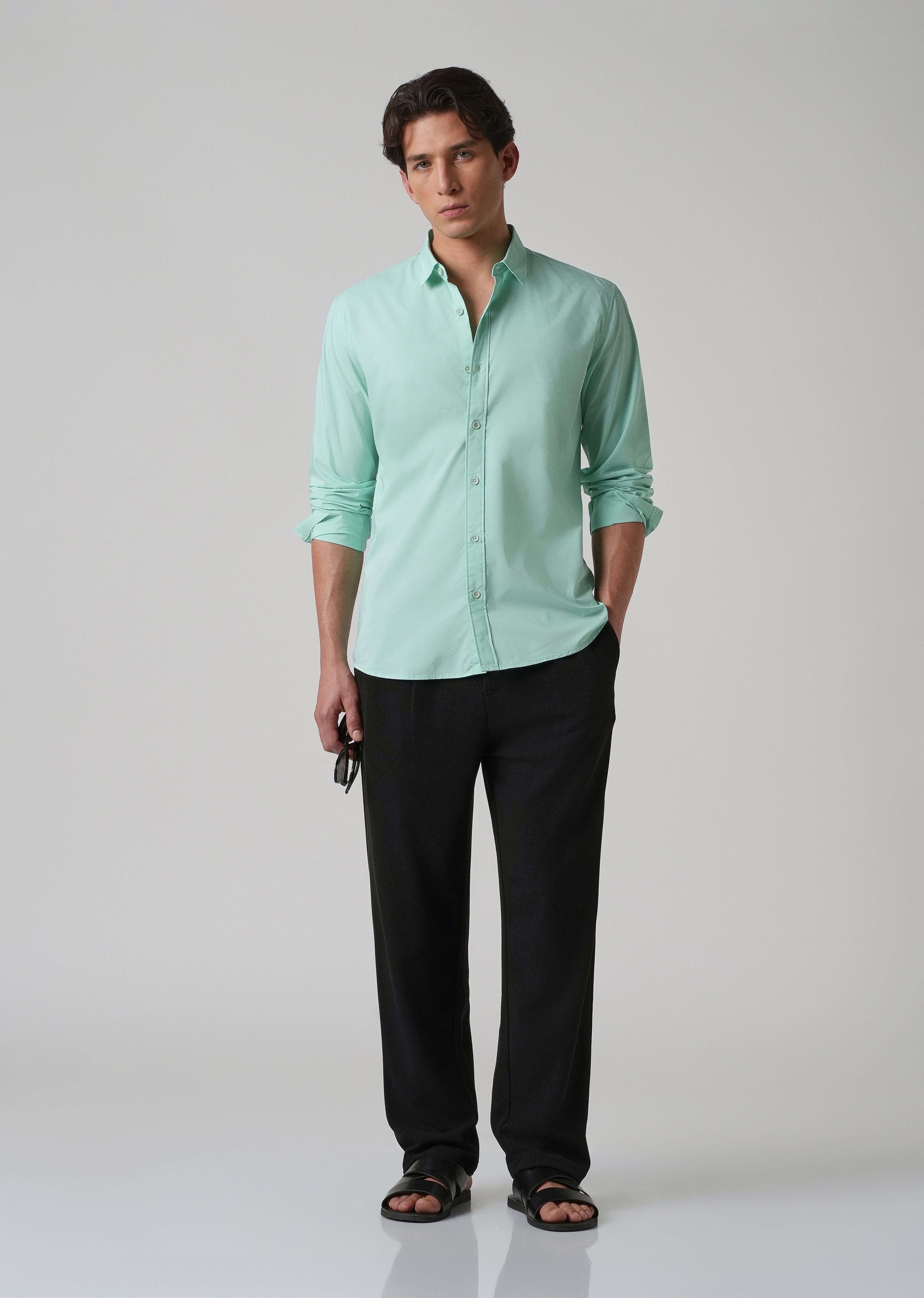 Mint Green Plain Blended Cotton Shirt