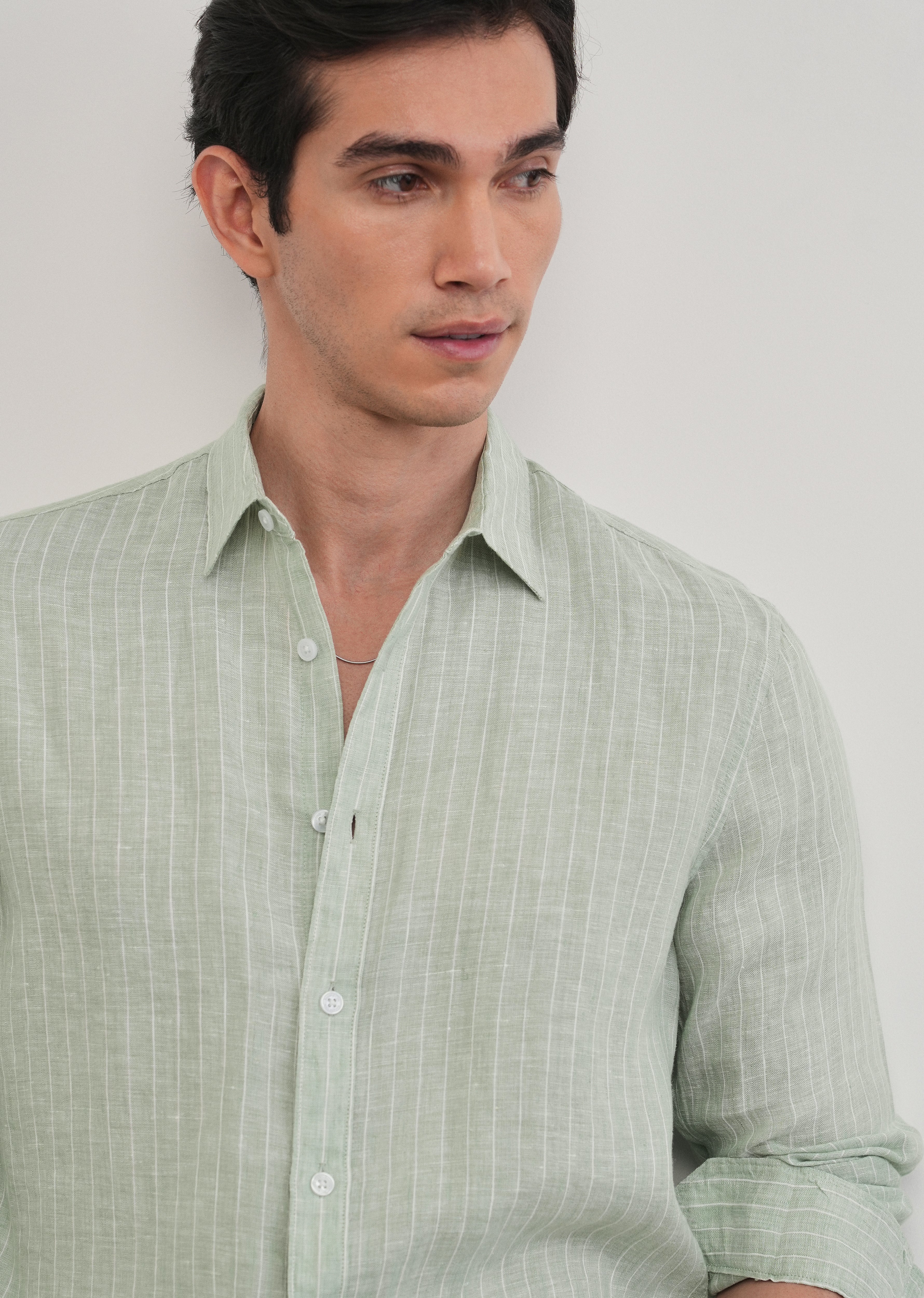 Mint Green Striped Pure Linen Shirt