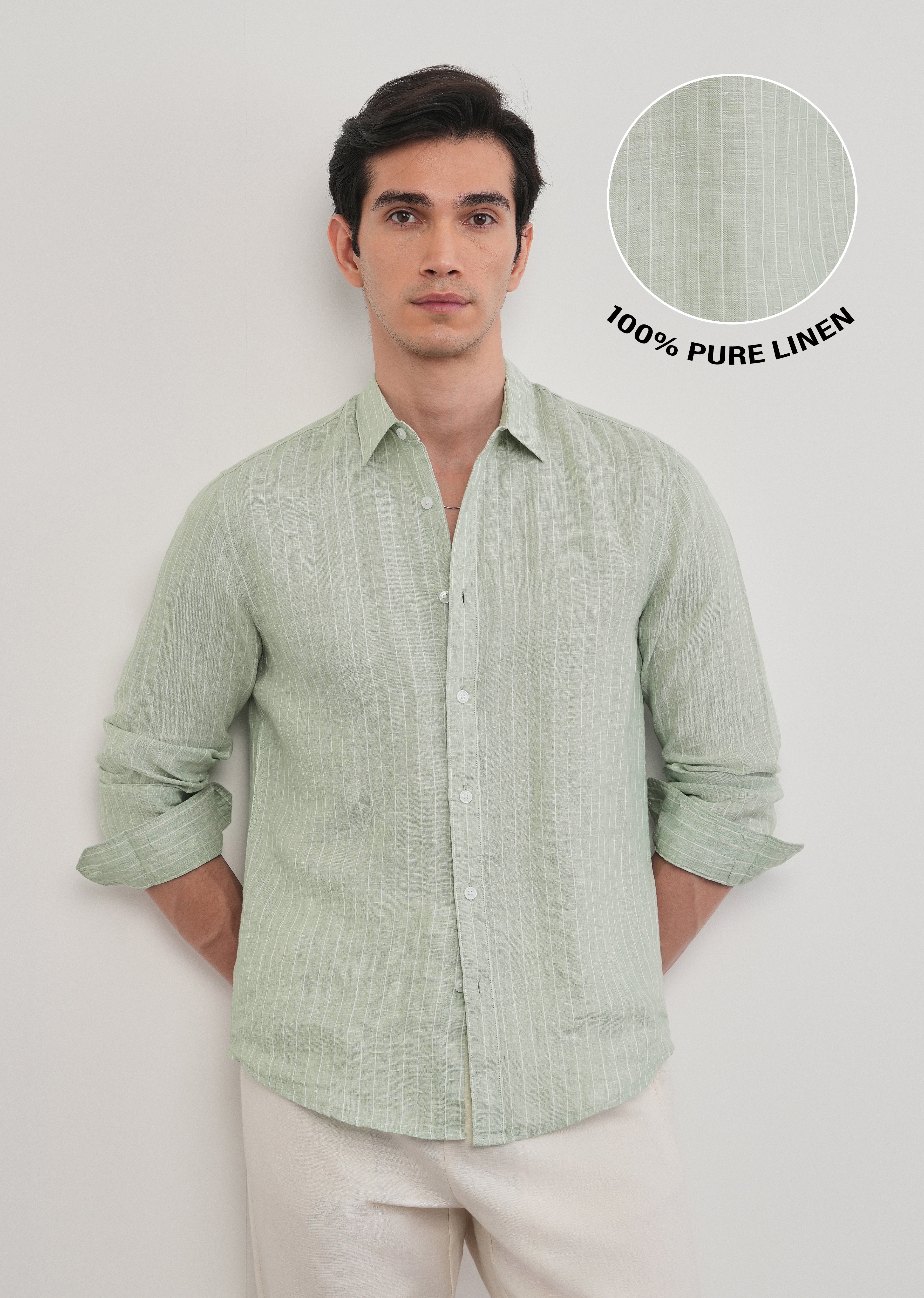 Mint Green Striped Pure Linen Shirt