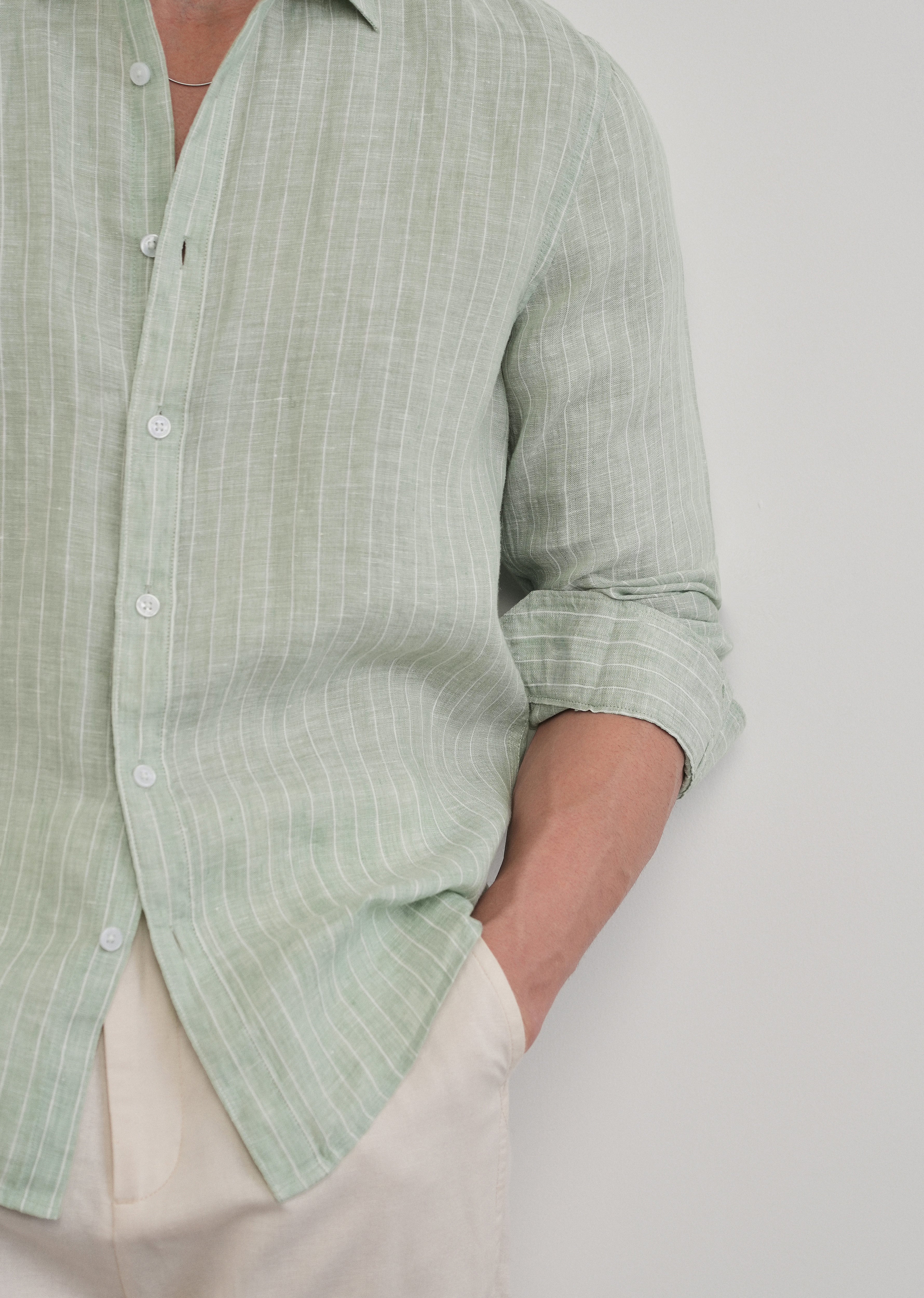 Mint Green Striped Pure Linen Shirt