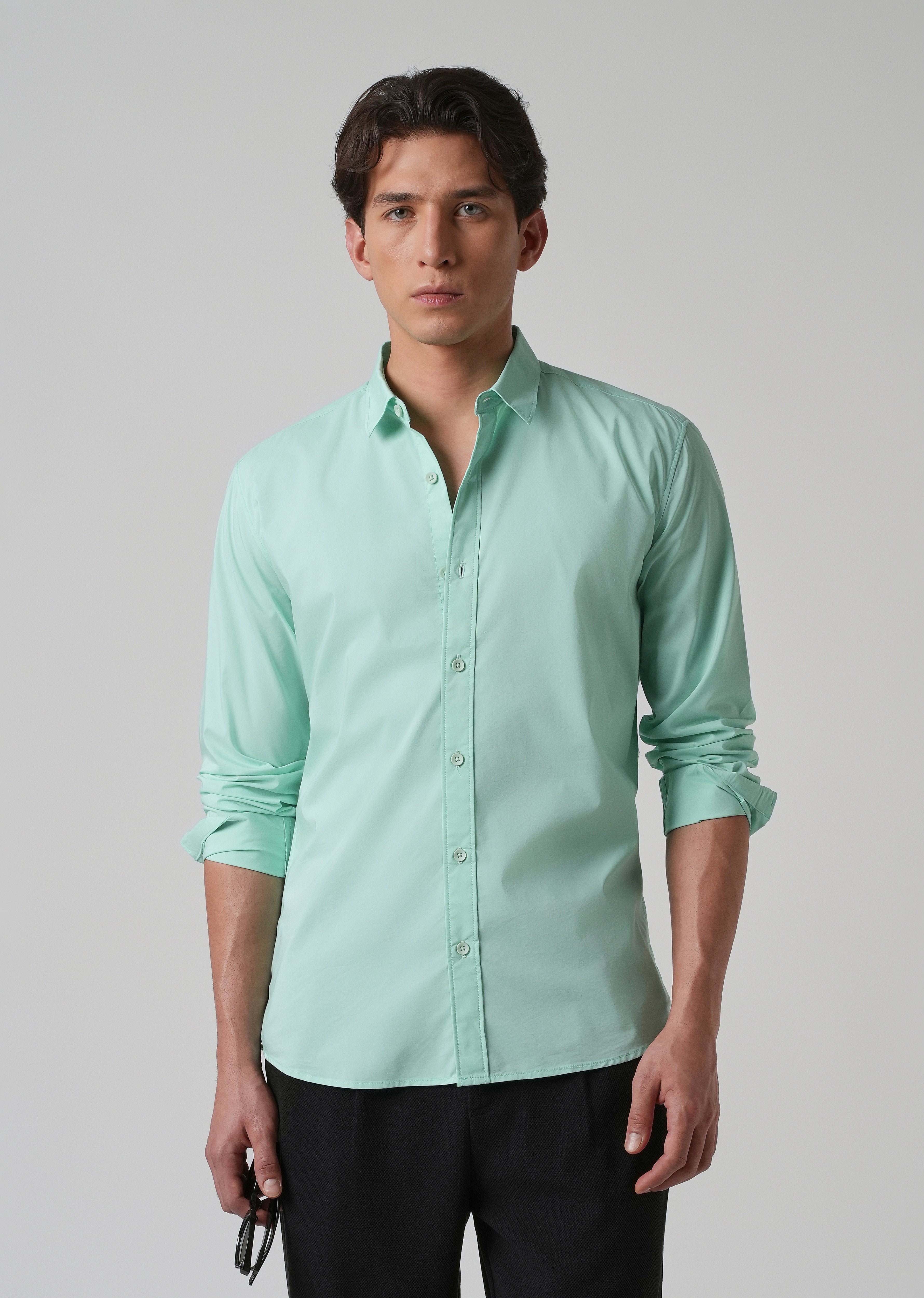 Mint Green Plain Blended Cotton Shirt