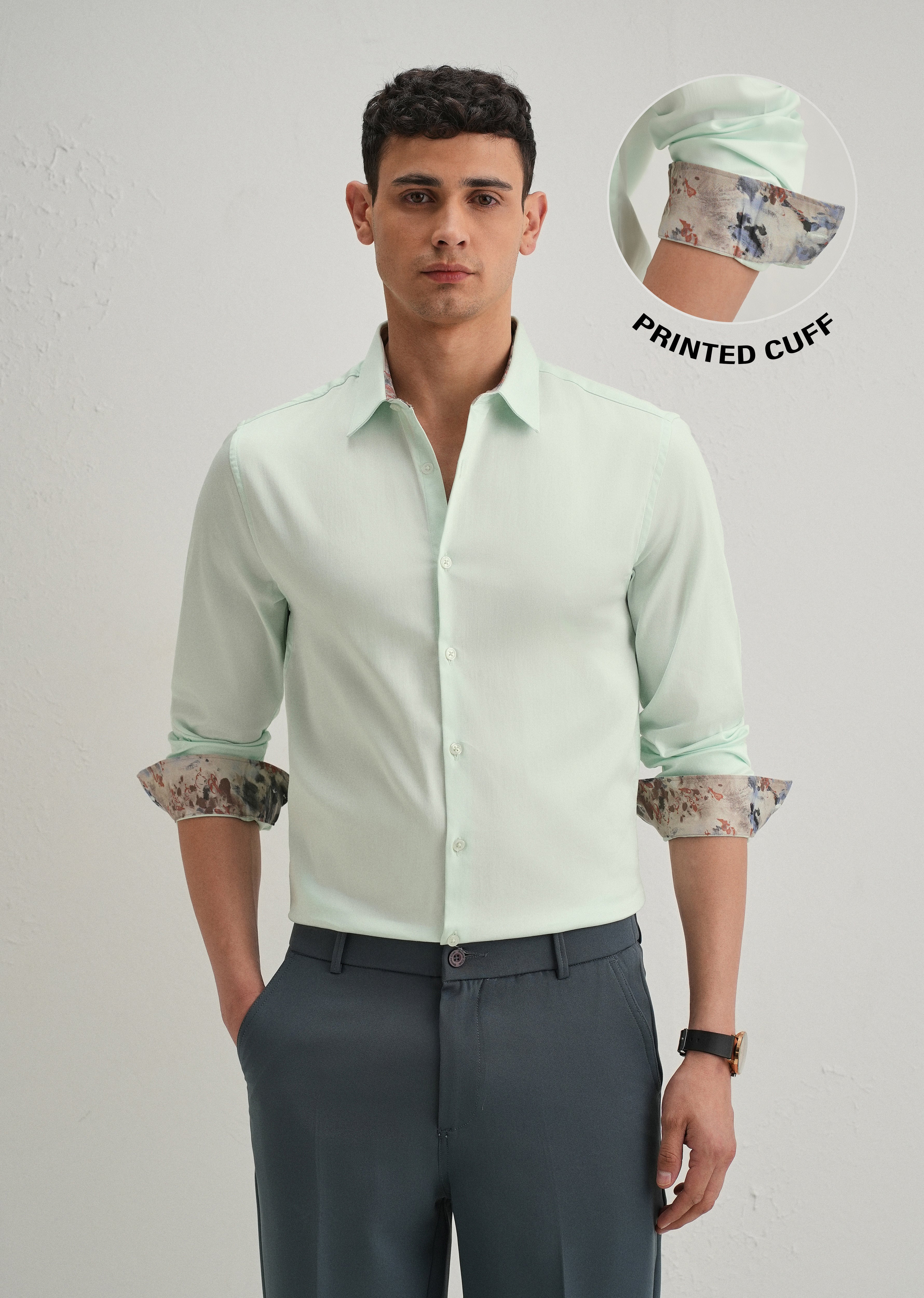 Misty Green Printed Cuff Shirt