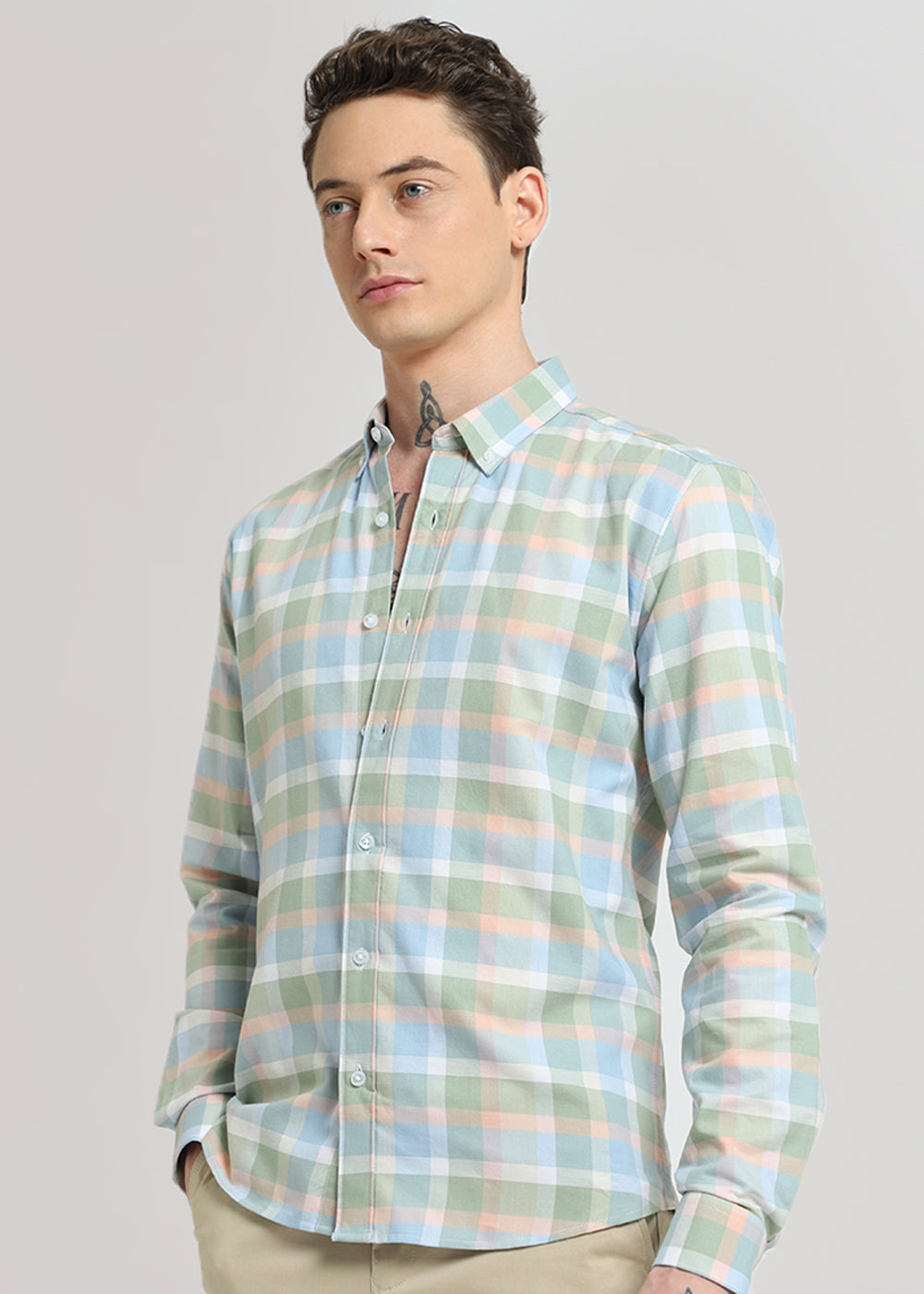 Multicolour Green Oxford Cotton Check Shirt