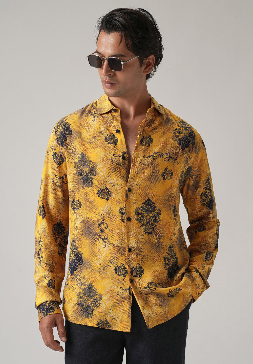 Mustard Floral Print Feather Shirt