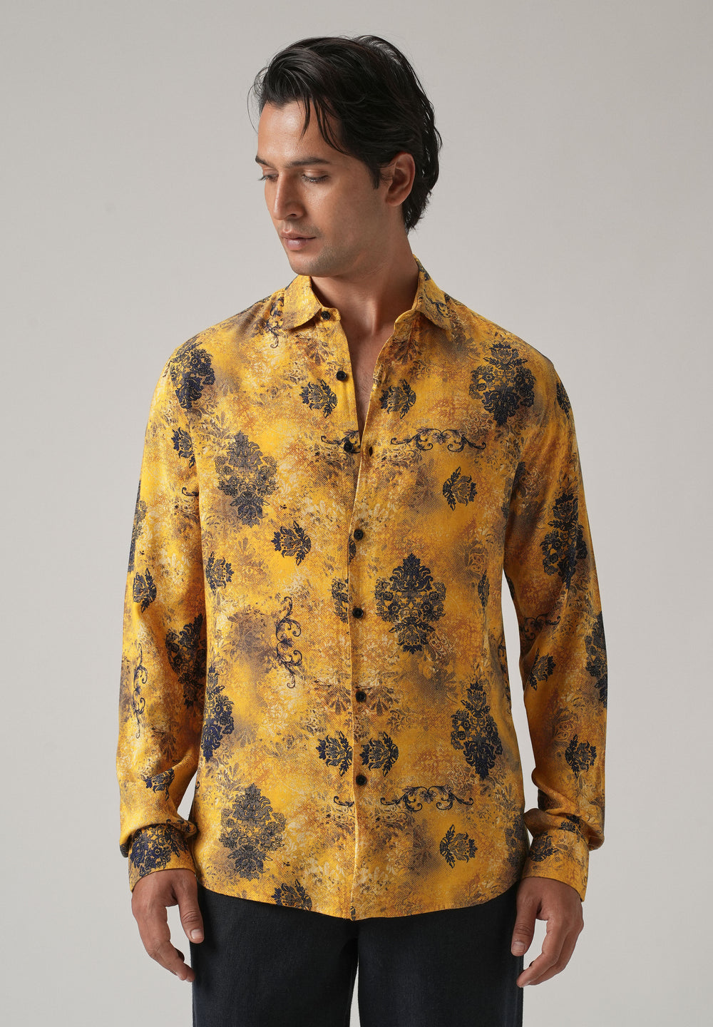 Mustard Floral Print Feather Shirt