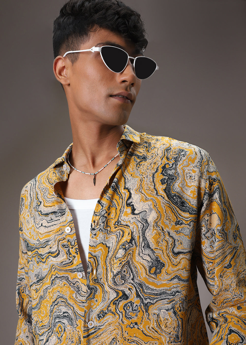 Mustard Marble Wash Feather Shirt