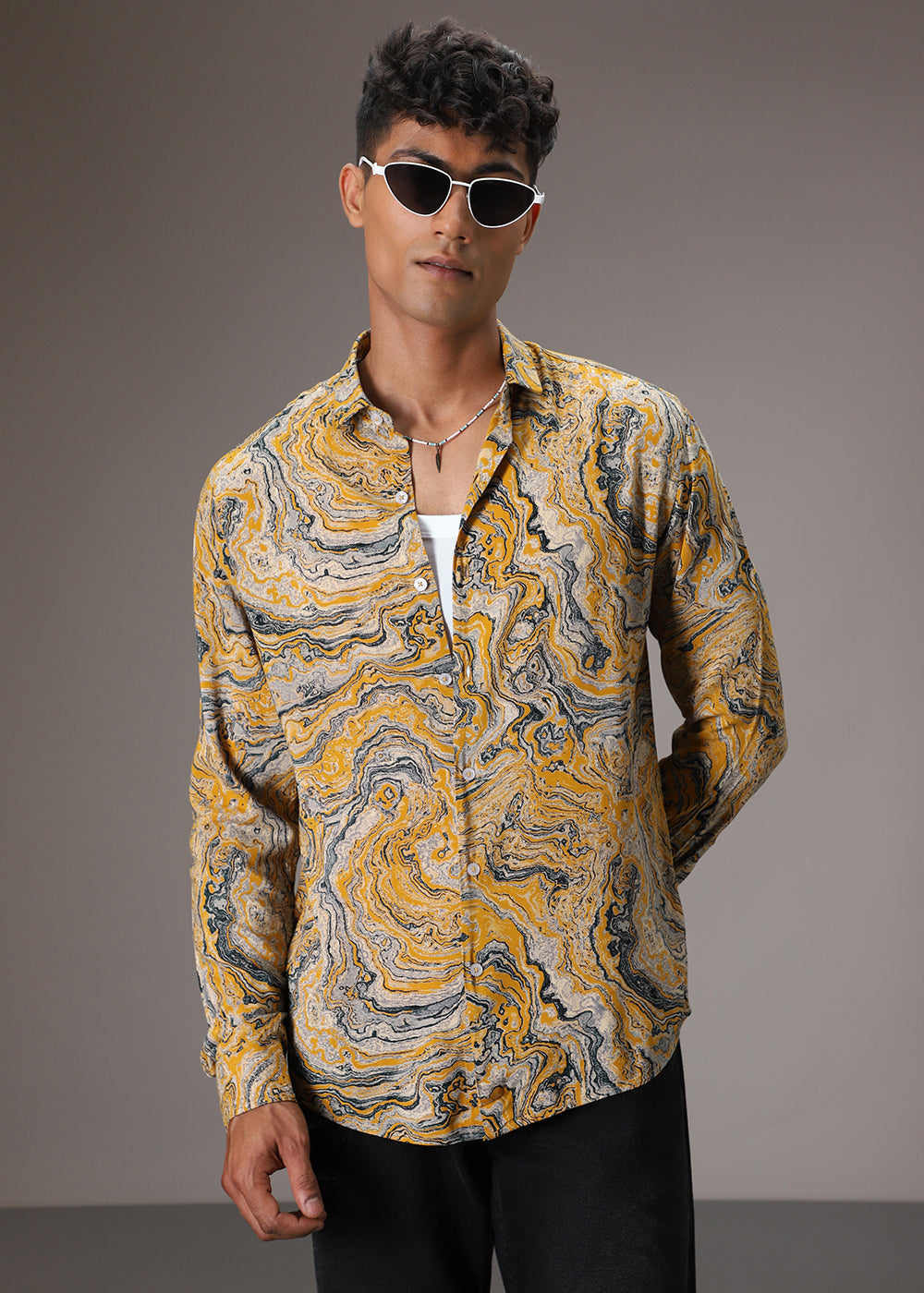 Mustard Marble Wash Feather Shirt