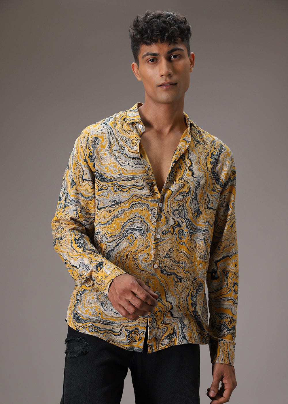 Mustard Marble Wash Feather Shirt