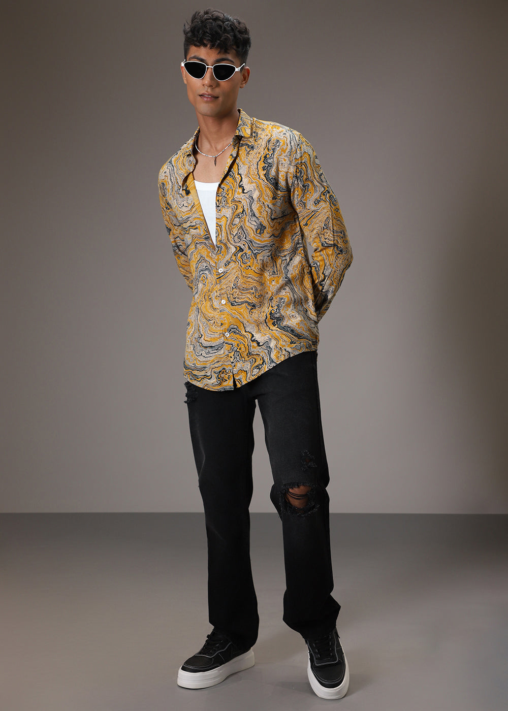 Mustard Marble Wash Feather Shirt