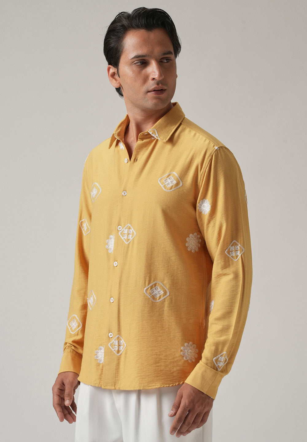 Mustard Motif Embroidery Shirt