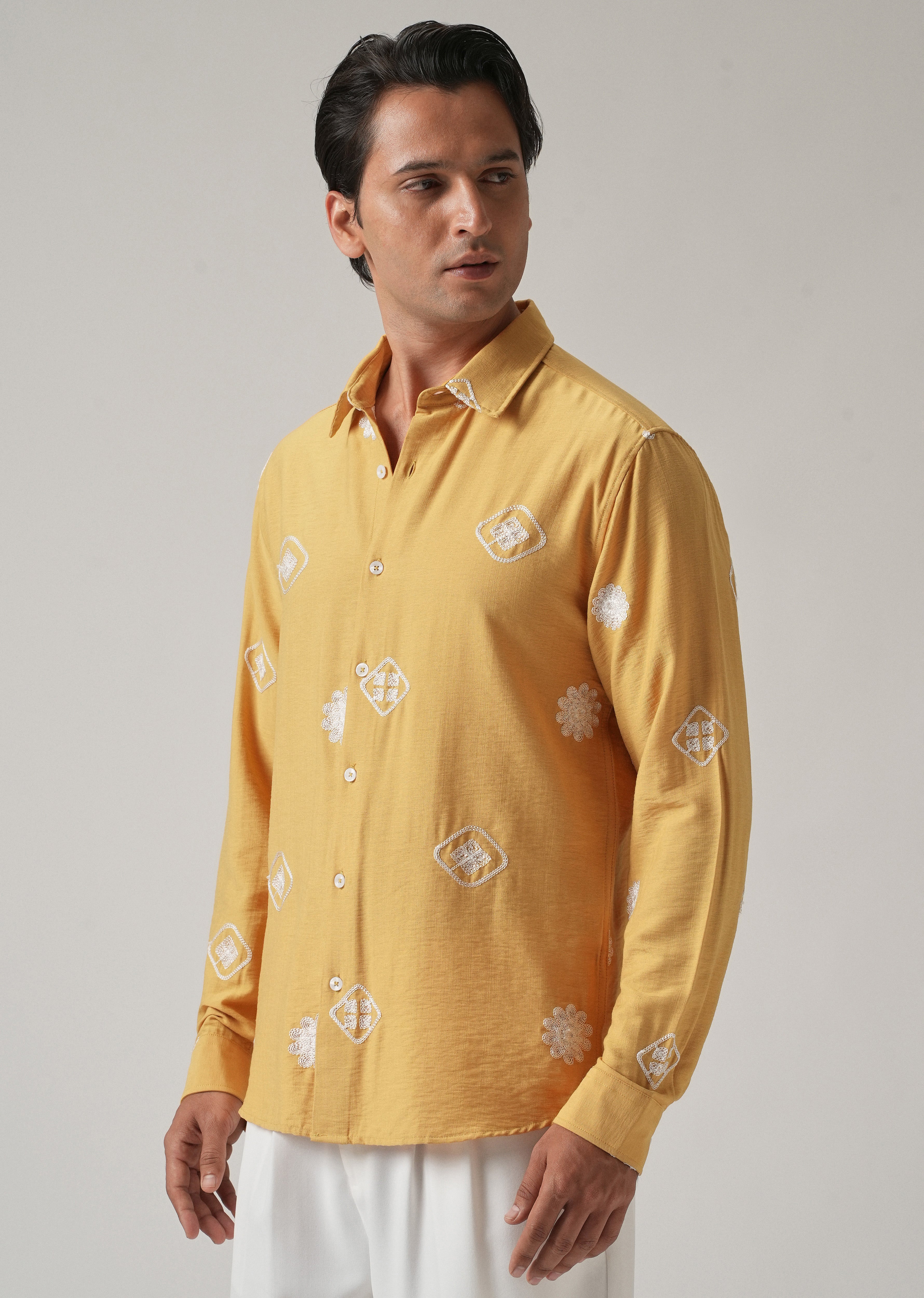 Mustard Motif Embroidery Shirt