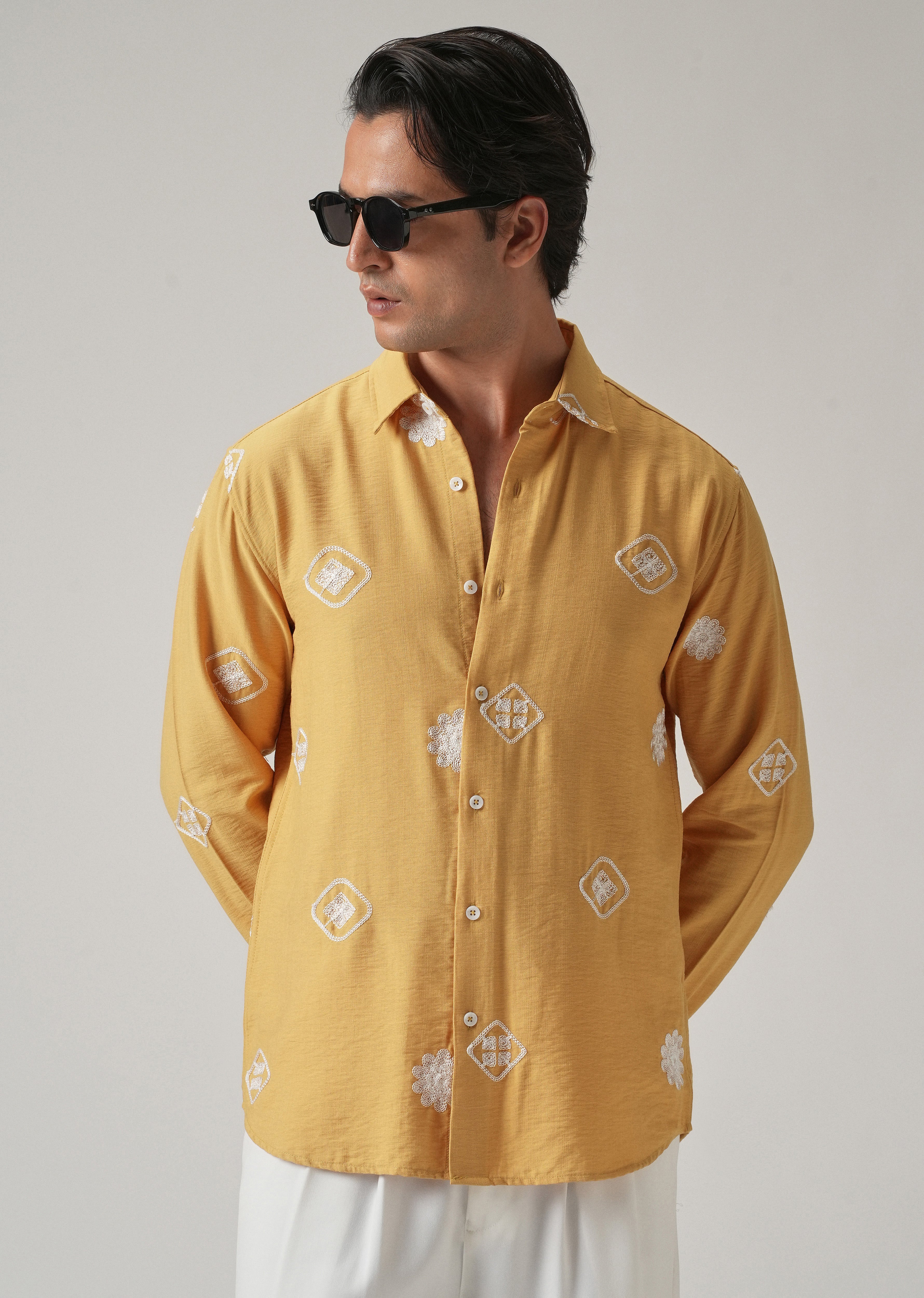 Mustard Motif Embroidery Shirt