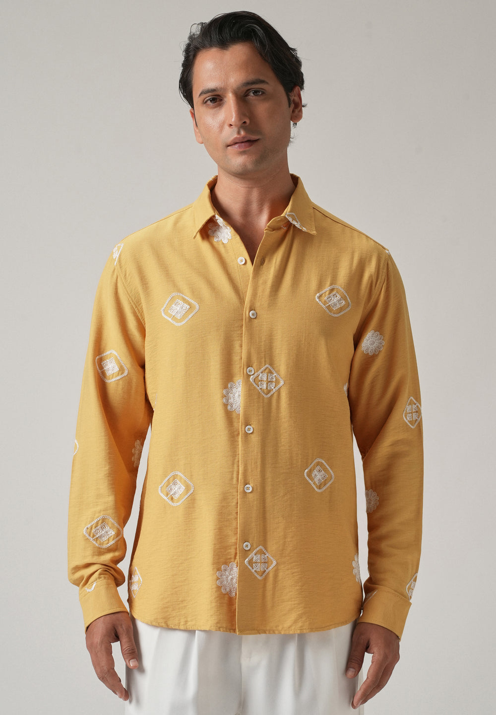 Mustard Motif Embroidery Shirt