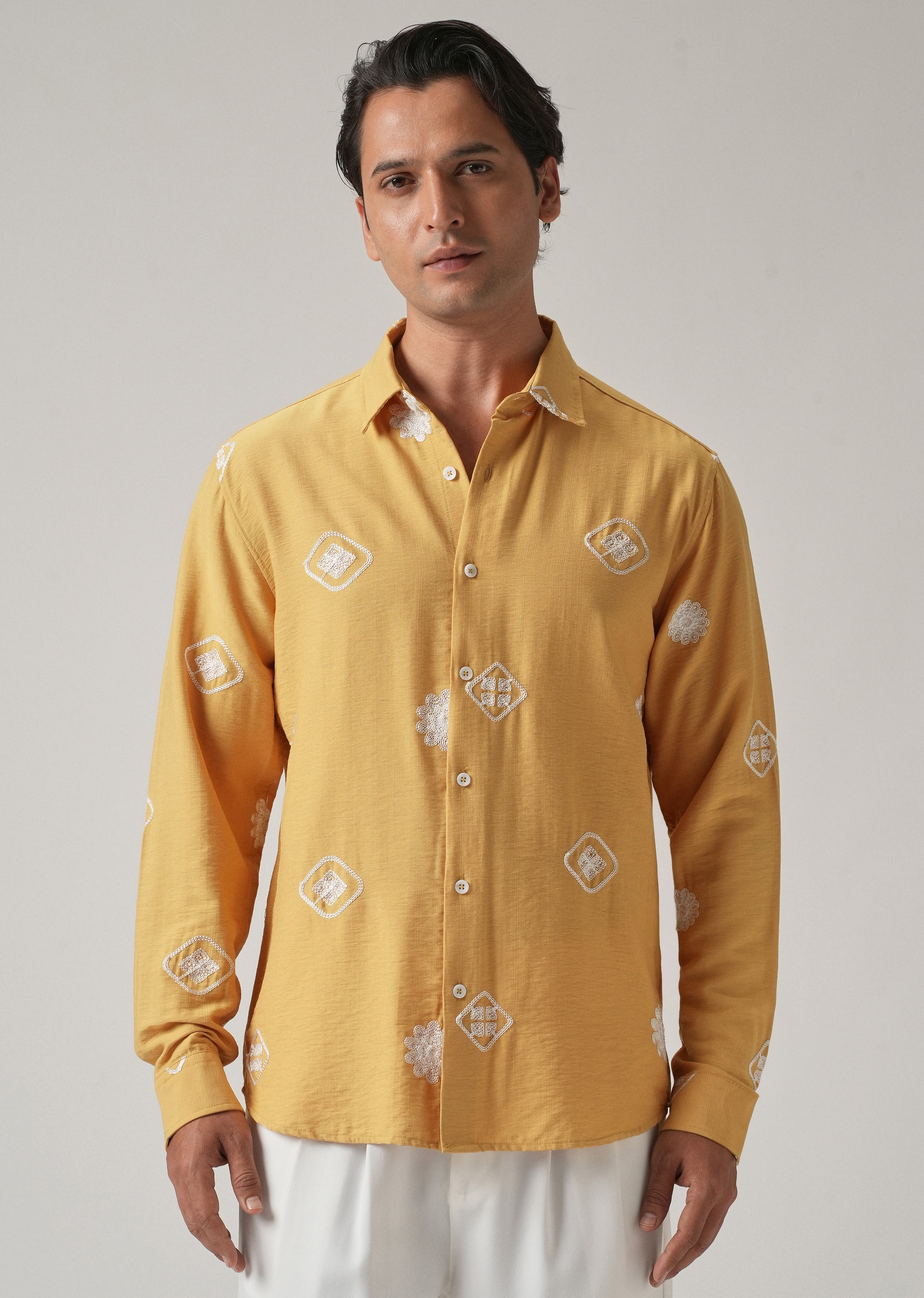 Mustard Motif Embroidery Shirt