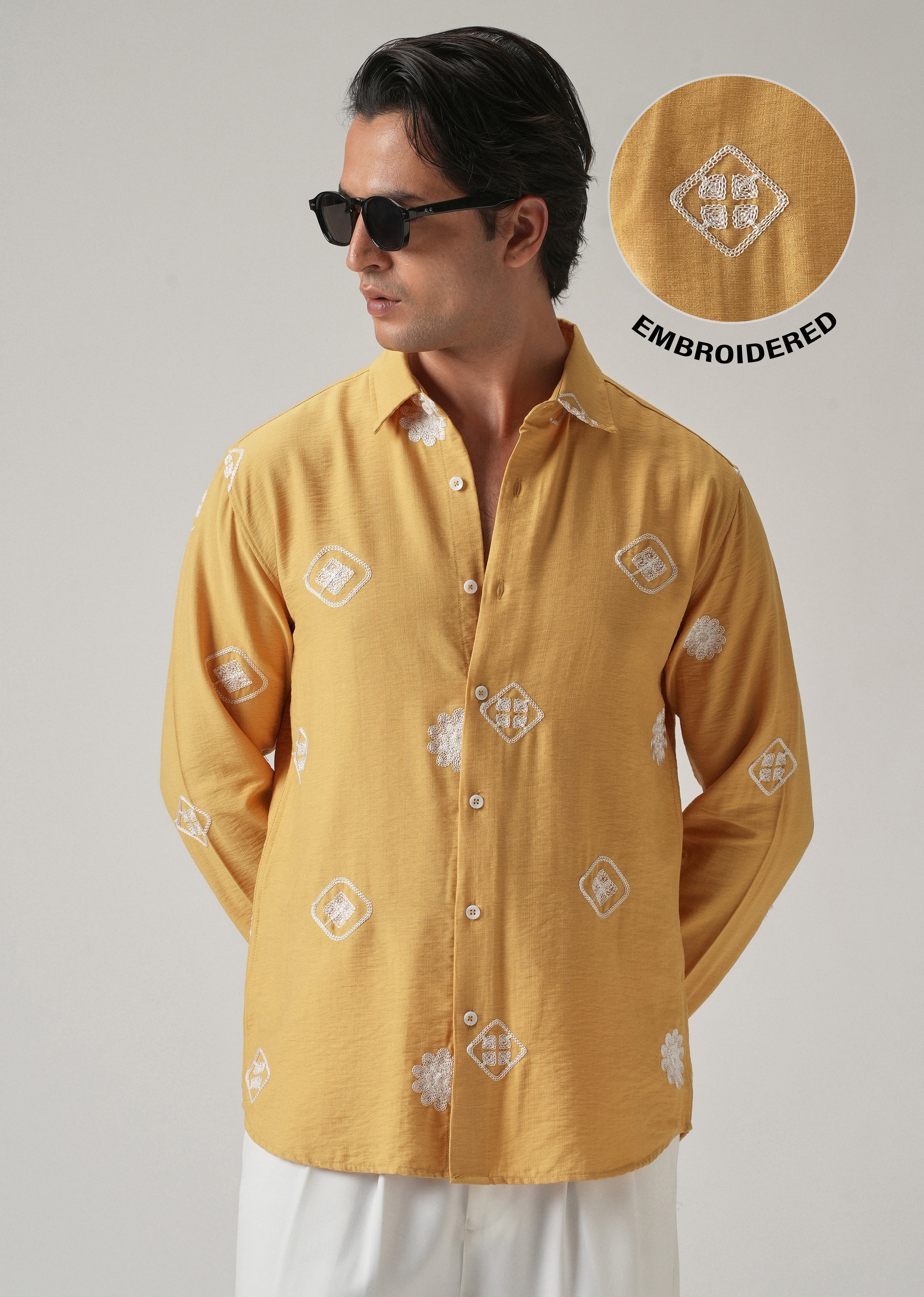 Mustard Motif Embroidery Shirt