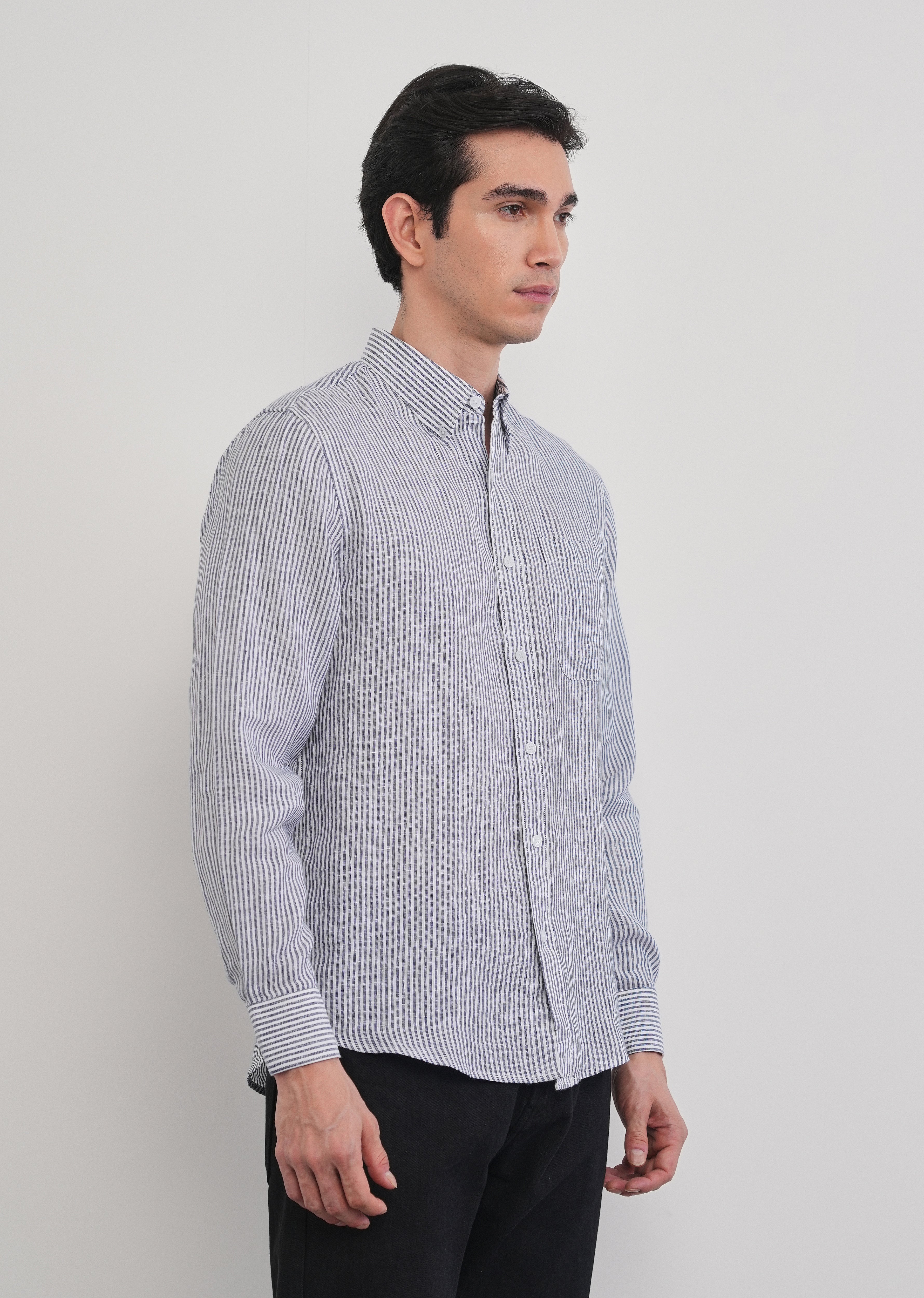 Navy Blue 100% Pure Linen Stripe Shirt