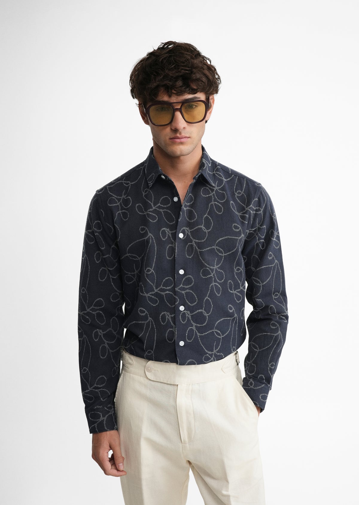 Navy Blue Abstract Jacquard Shirt