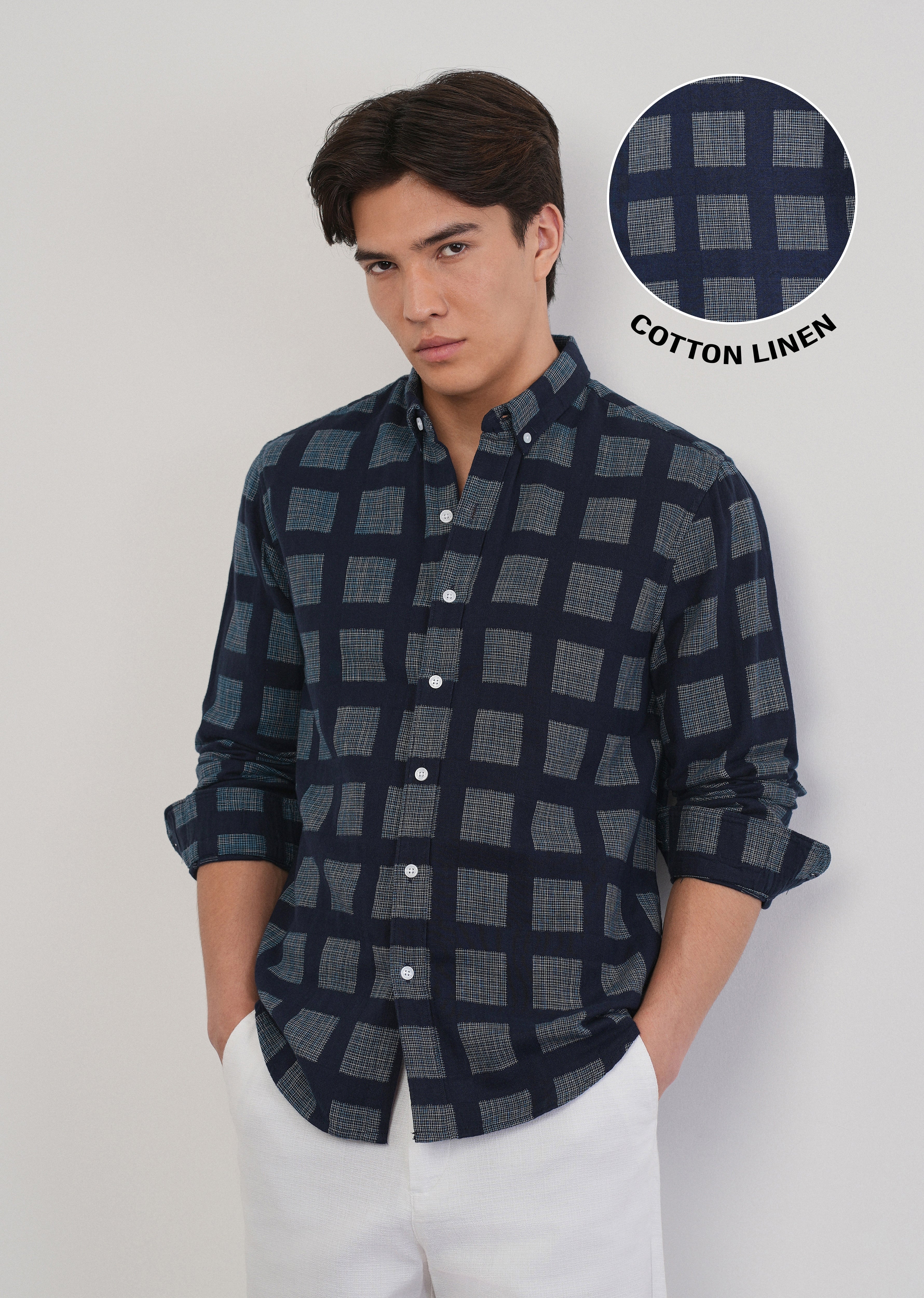 Navy Blue Broken Check Cotton Linen Shirt