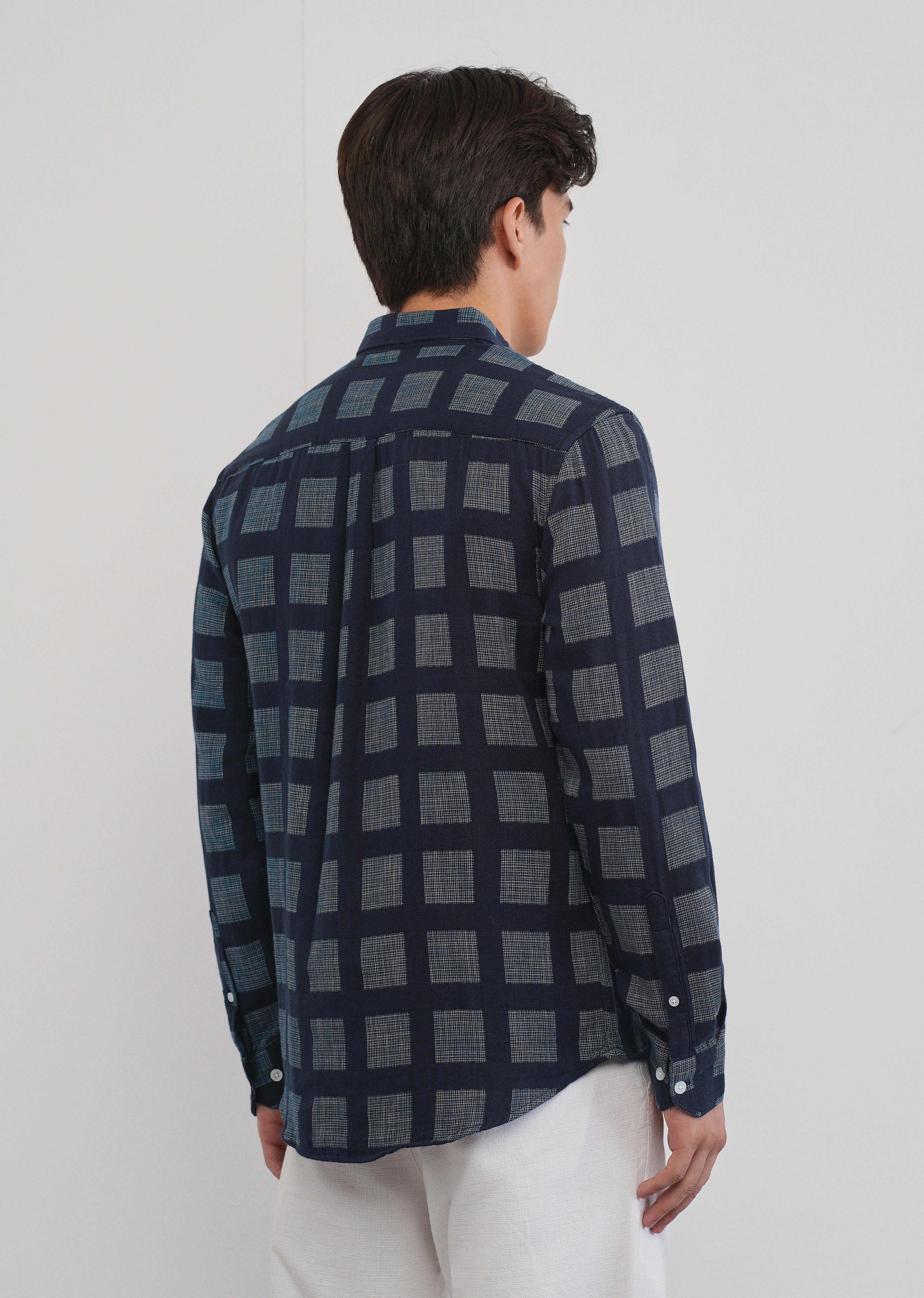 Navy Blue Broken Check Cotton Linen Shirt