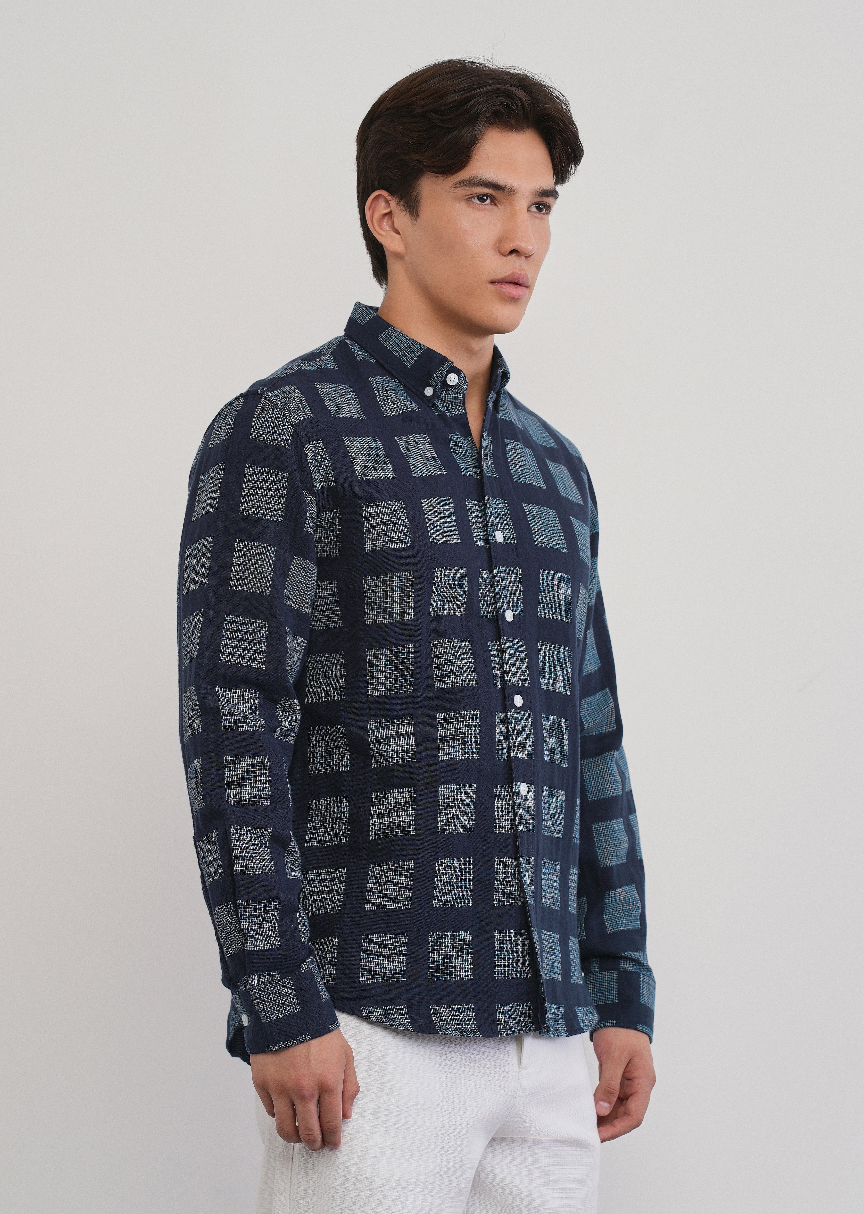 Navy Blue Broken Check Cotton Linen Shirt