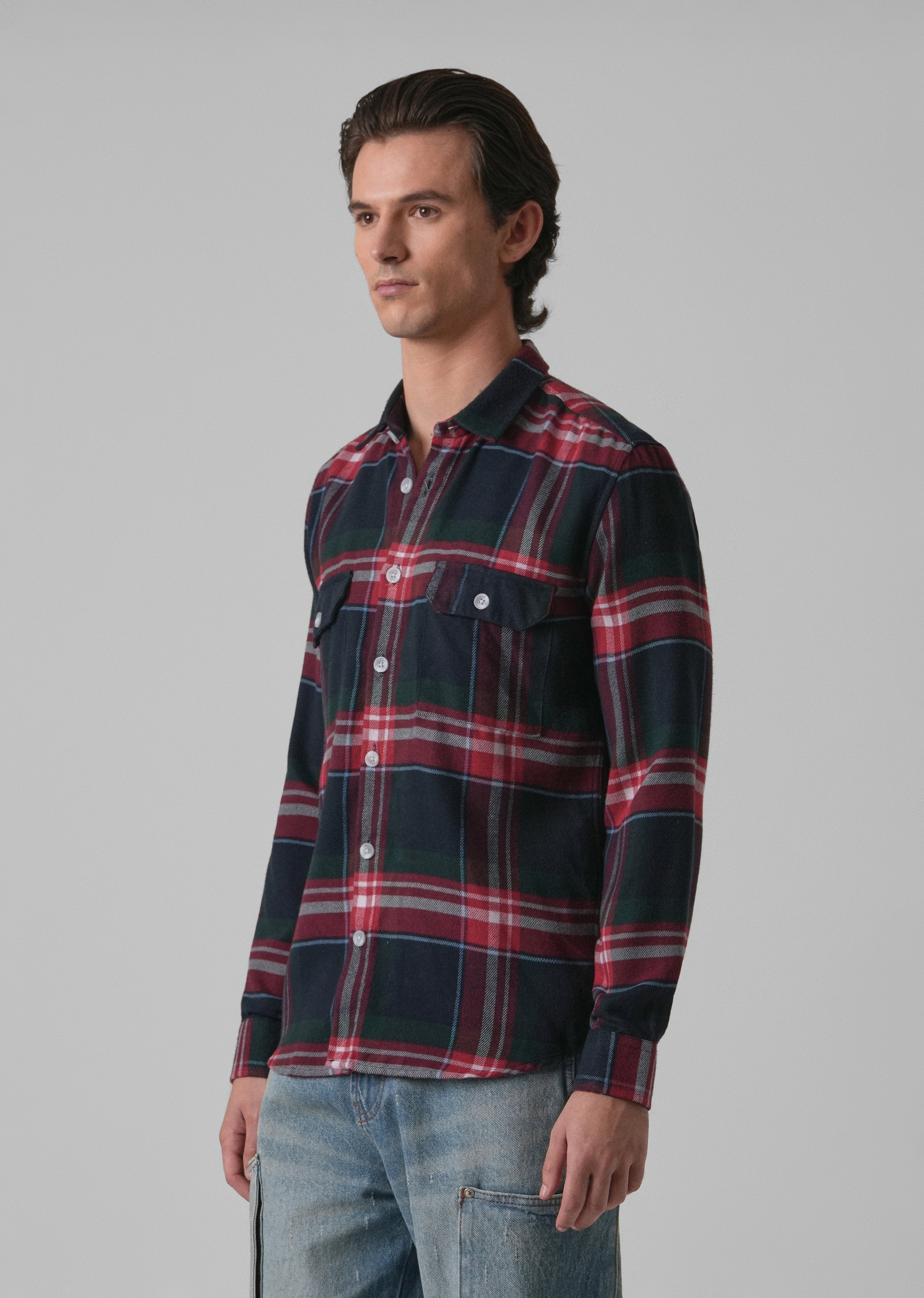 Navy Blue Brushed Cotton Check Shirt