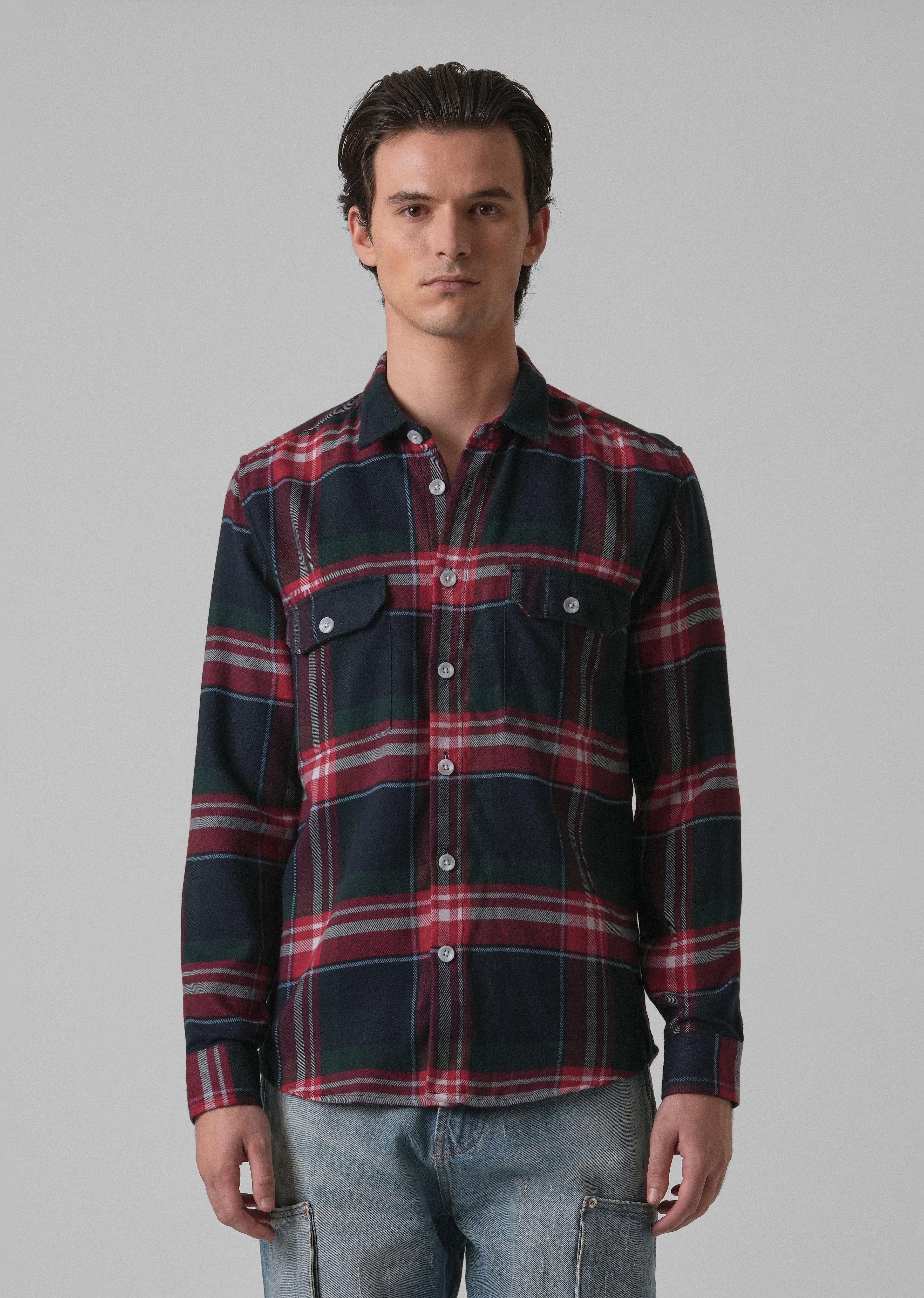 Navy Blue Brushed Cotton Check Shirt