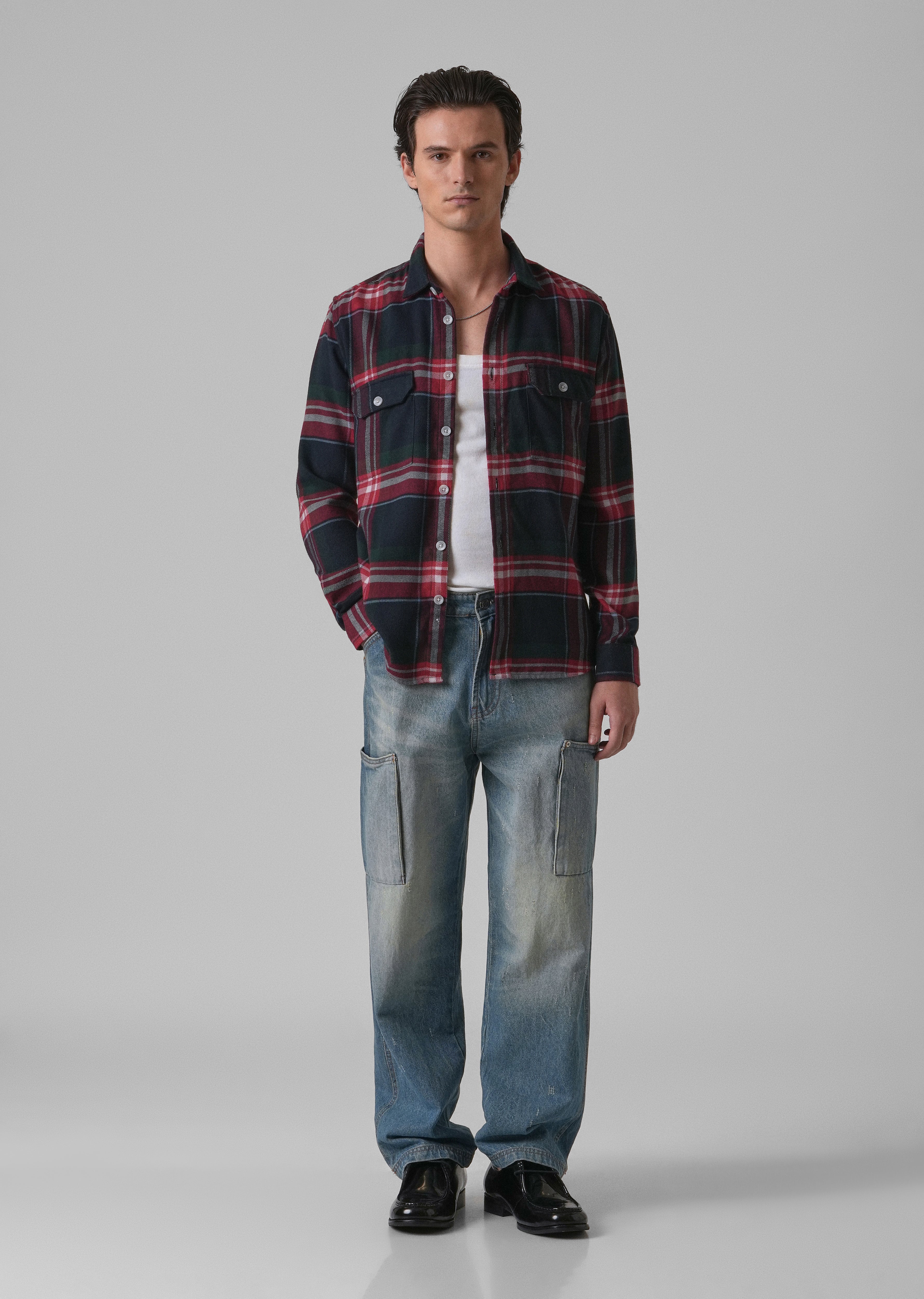 Navy Blue Brushed Cotton Check Shirt