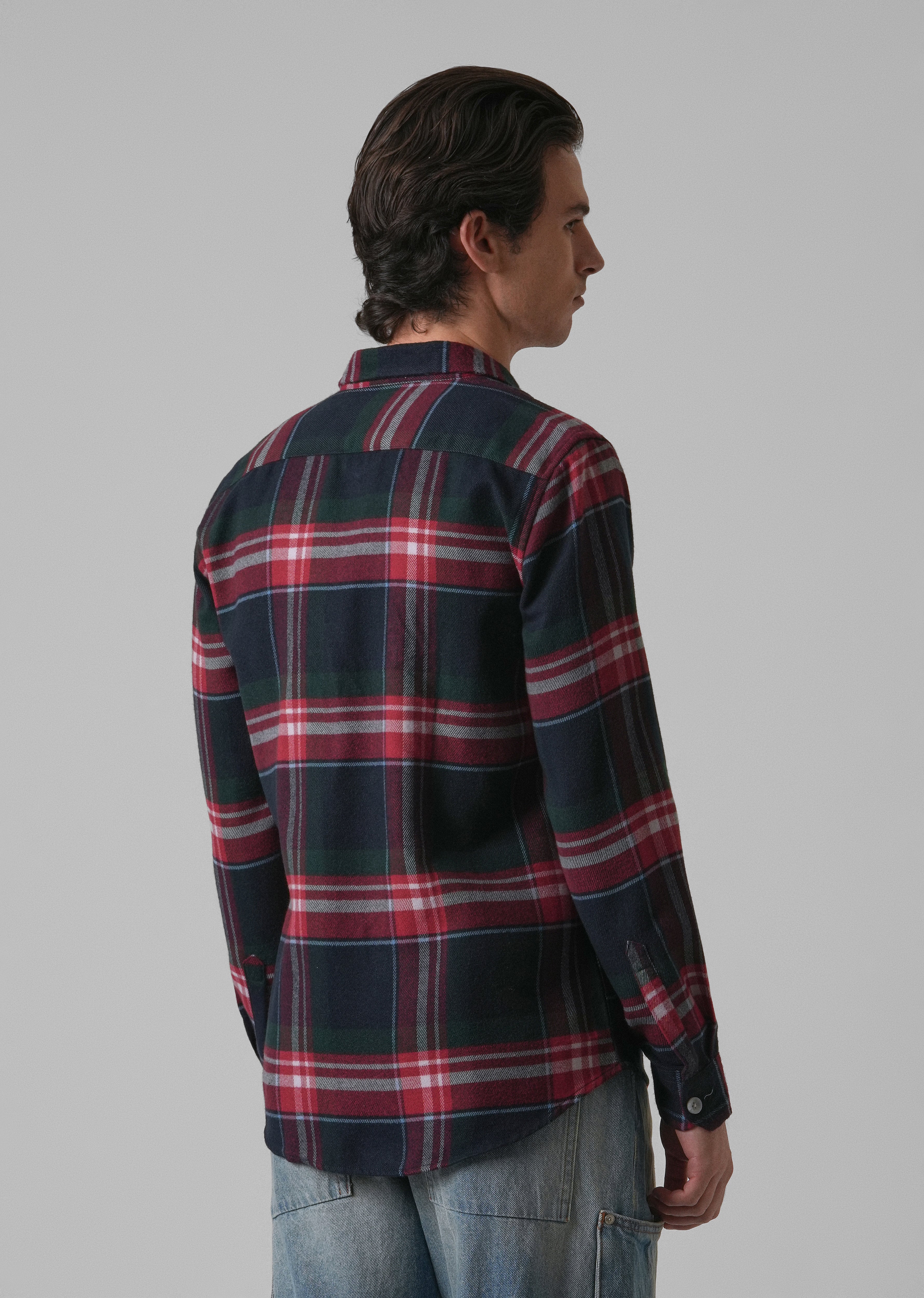 Navy Blue Brushed Cotton Check Shirt