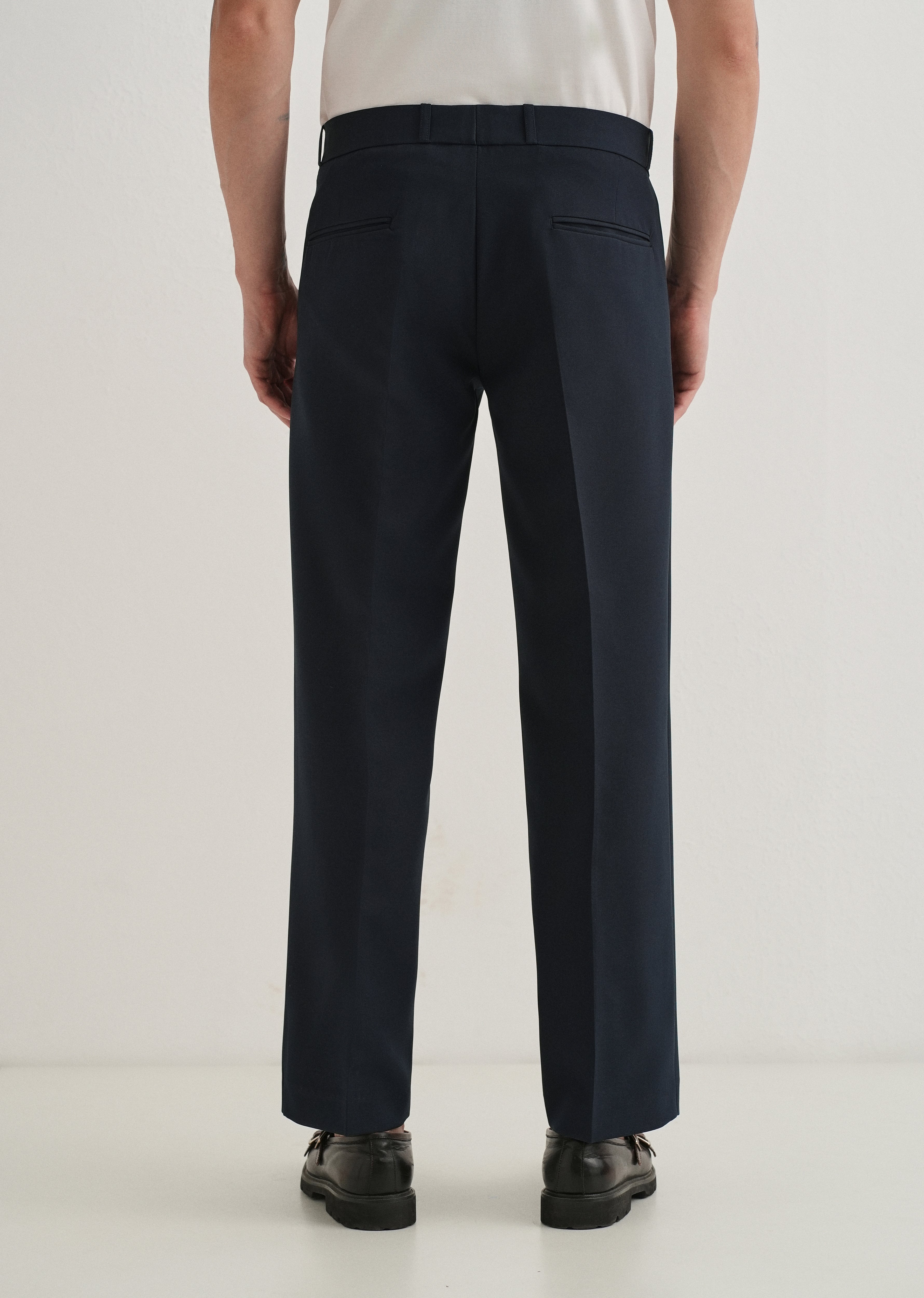 Navy Blue Button-Tab Pleat Trouser