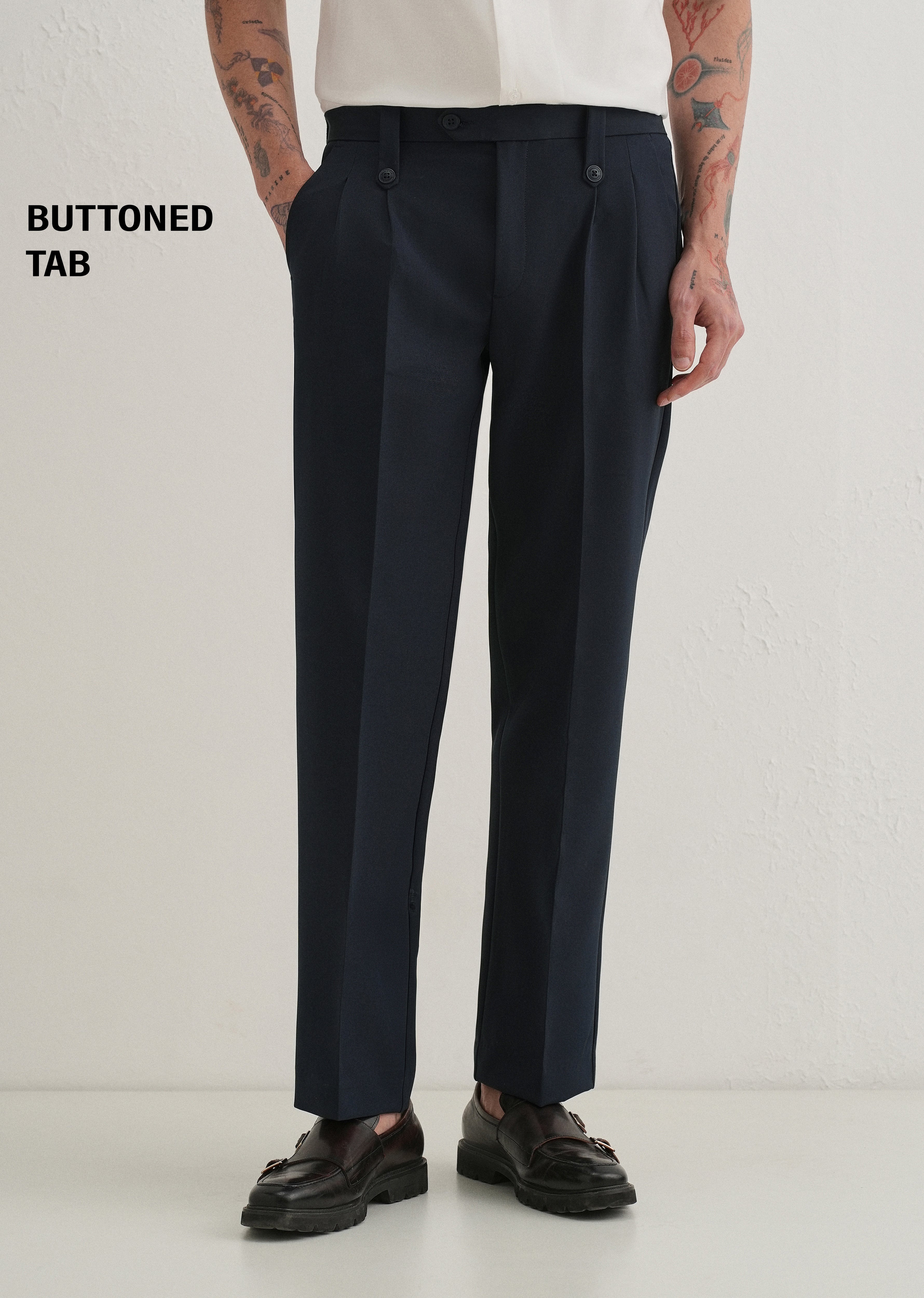 Navy Blue Button-Tab Pleat Trouser