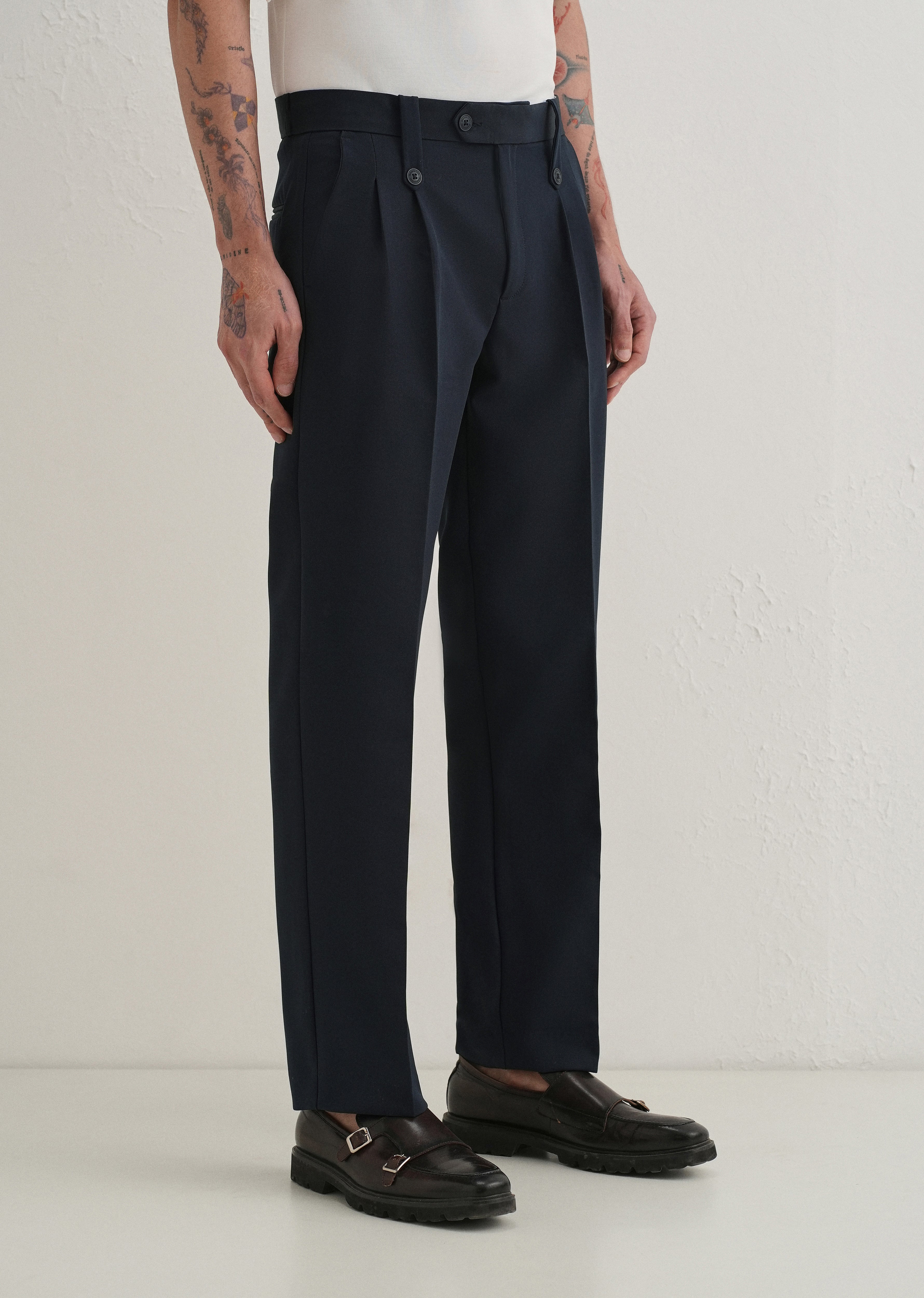 Navy Blue Button-Tab Pleat Trouser