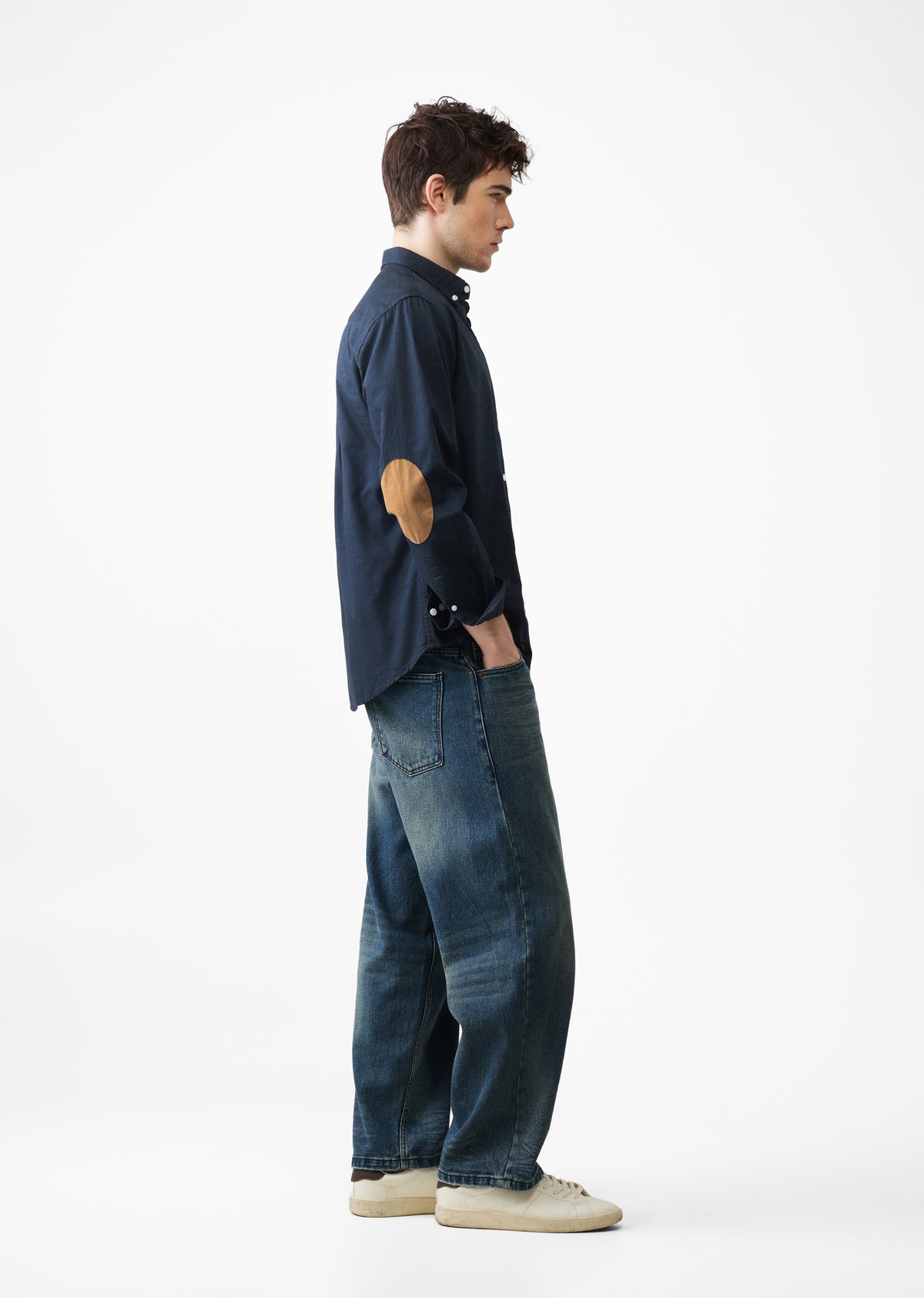 Navy Blue Plain Oxford Elbow Patch Shirt