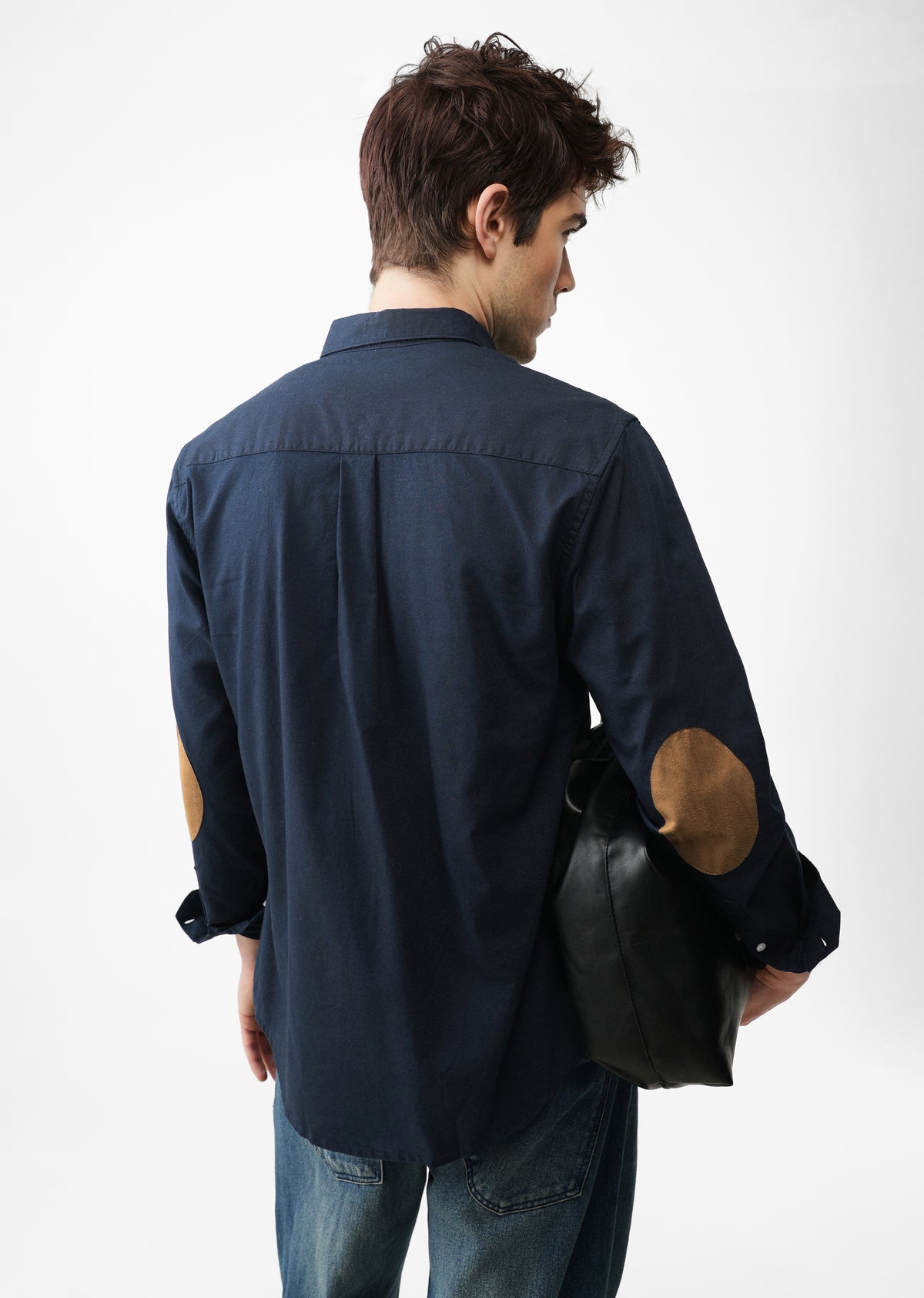 Navy Blue Plain Oxford Elbow Patch Shirt