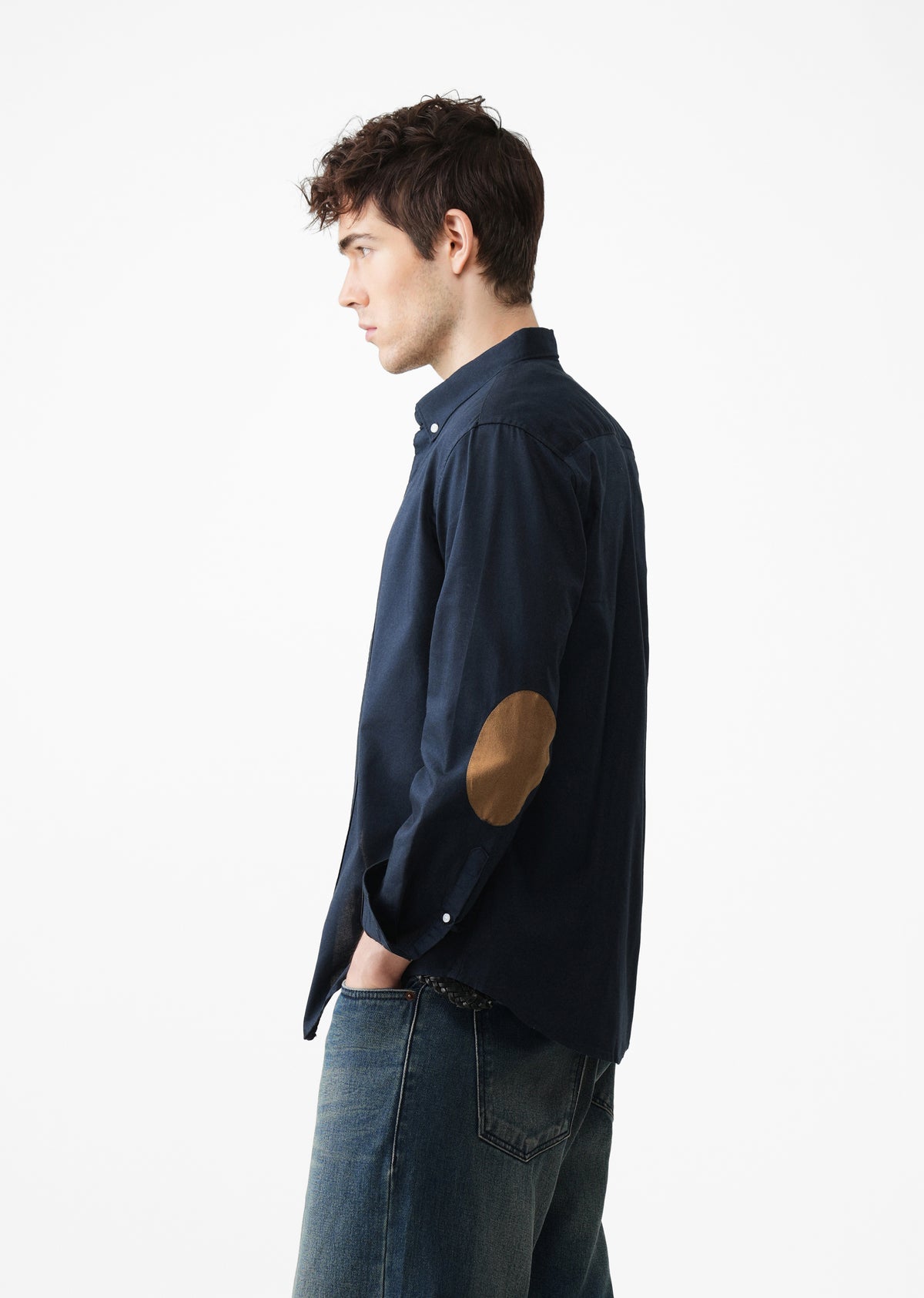 Navy Blue Plain Oxford Elbow Patch Shirt