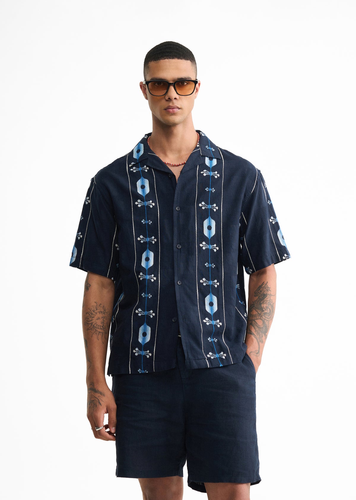 Navy Blue Cotton Jacquard Shirt