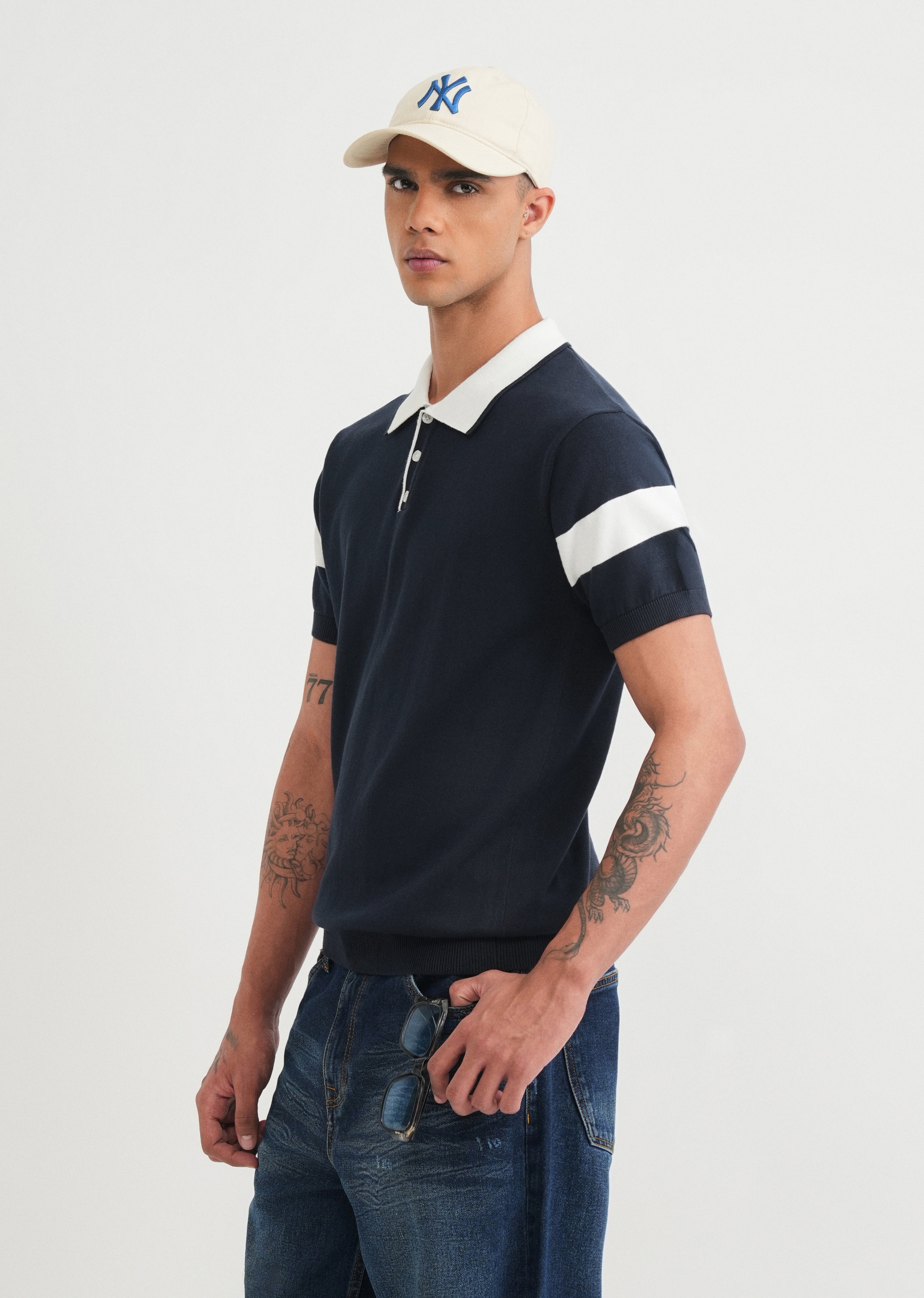 Navy Blue Cotton Knitted Polo