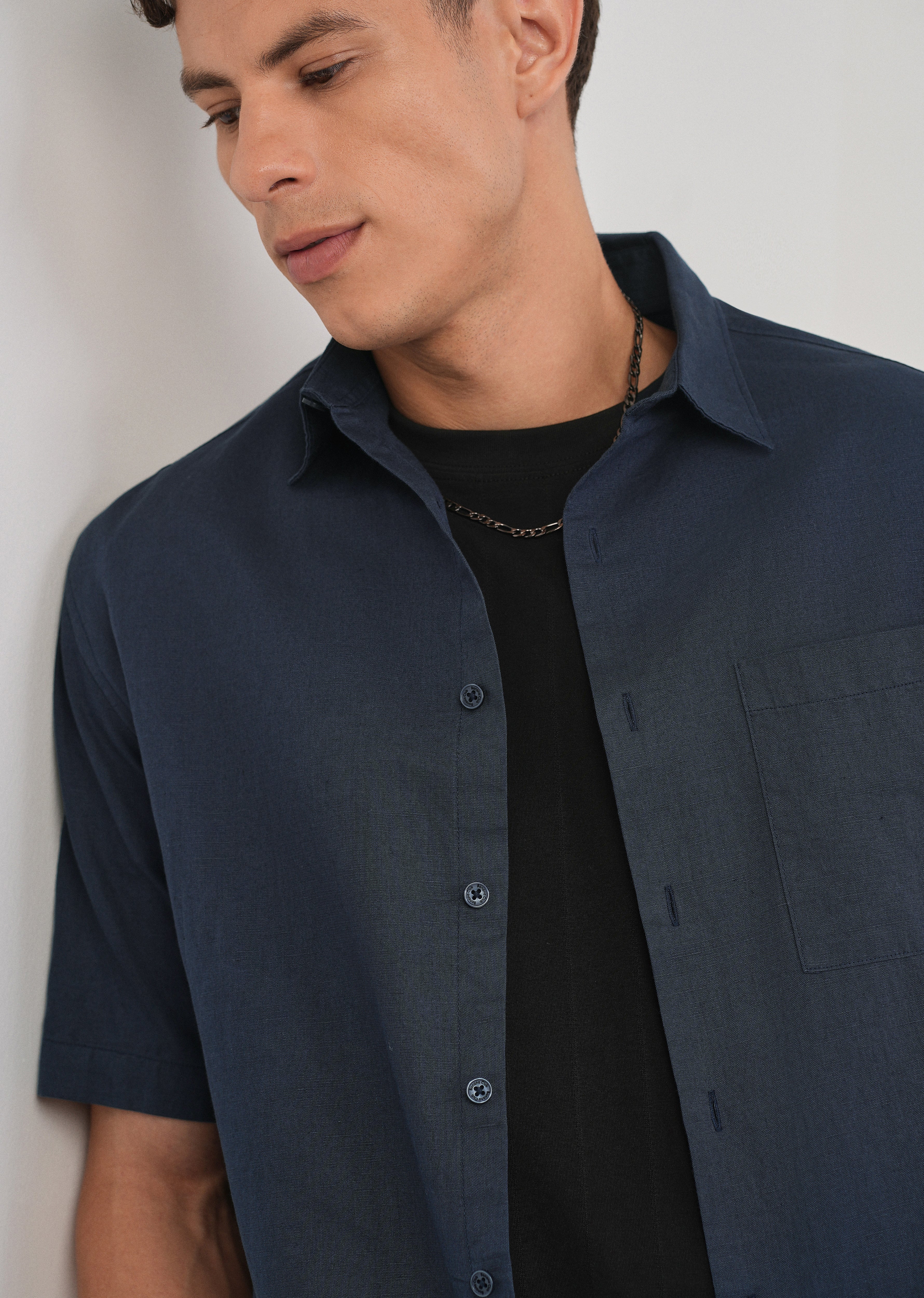 Navy Blue Cotton Linen Half Sleeve Shirt