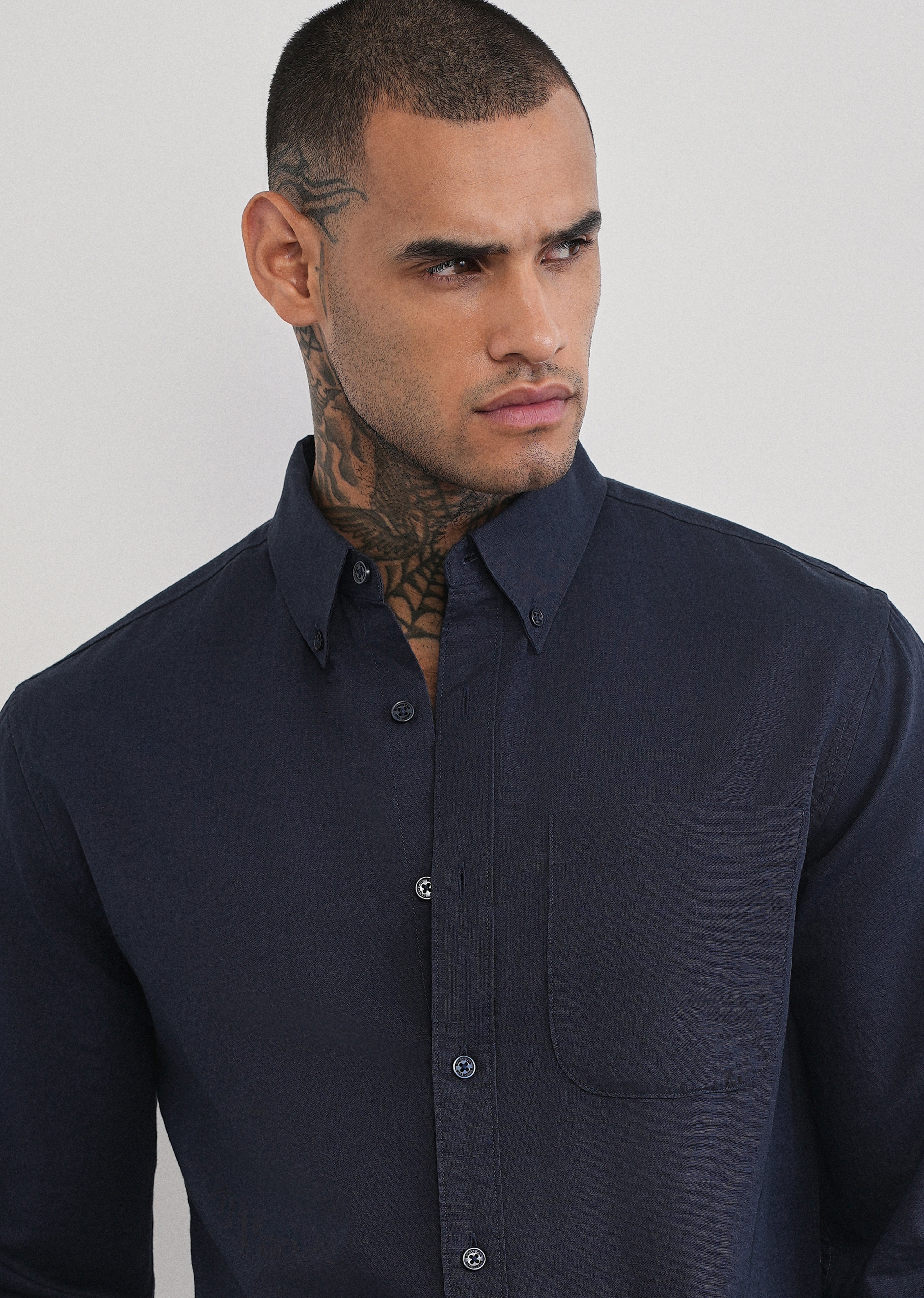 Navy Blue Cotton Linen Plain Shirt